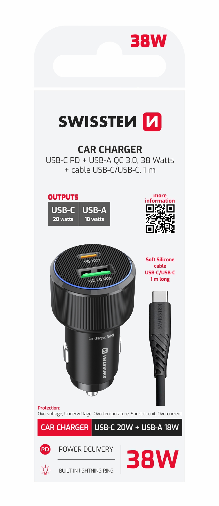 SWISSTEN Autonabíječka USB-C Power Delivery + USB-A Quick Charge 38W černá + USB-C kabel 1 m