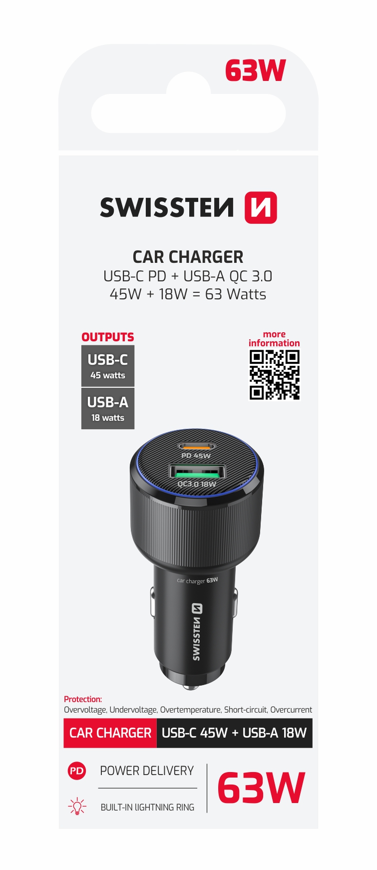 SWISSTEN Autonabíječka USB-C Power Delivery + USB-A Quick Charge 63W černá