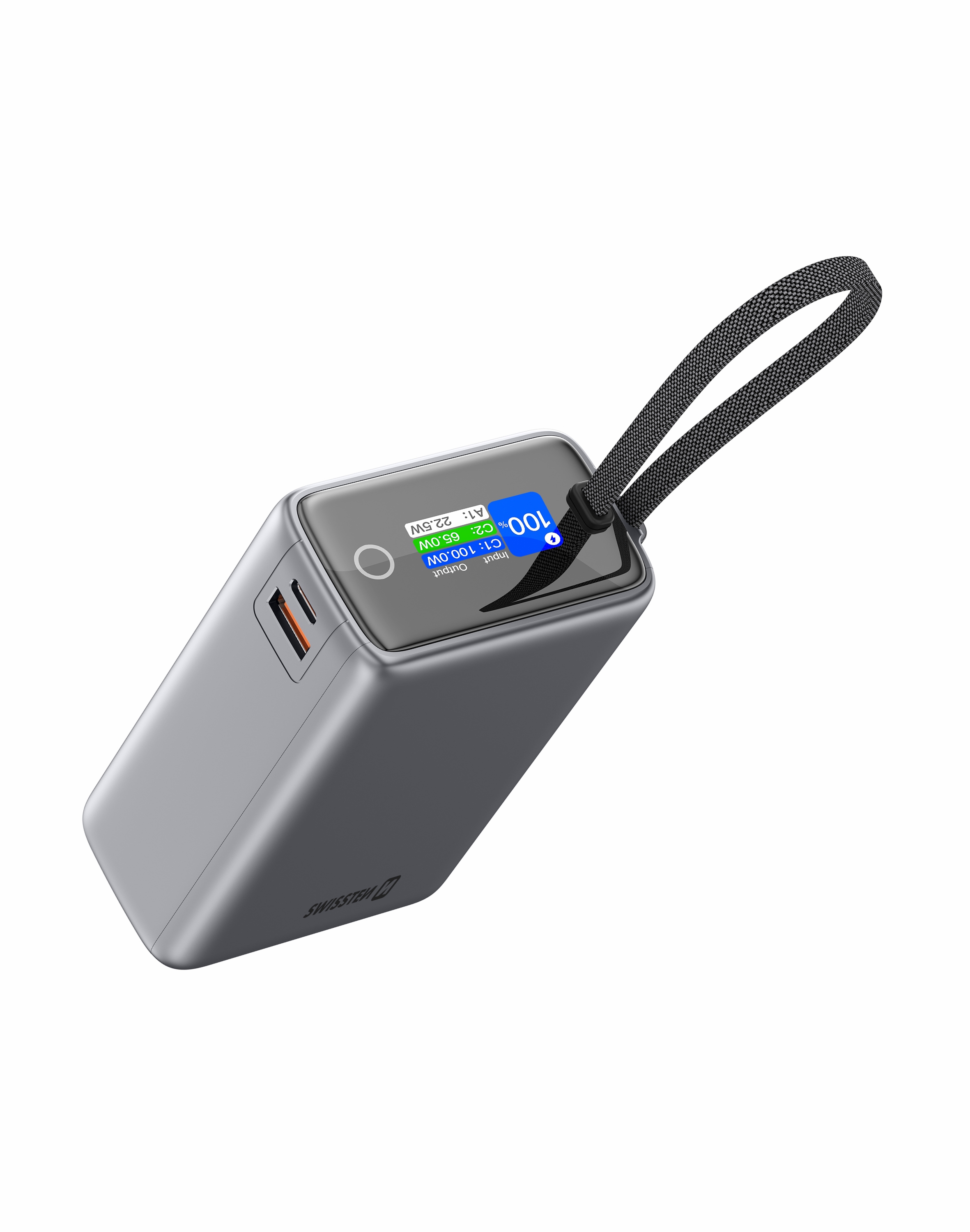 SWISSTEN Powerbanka 25 000 mAh 96,25 Wh 100W s integrovaným USB-C kabelem šedá