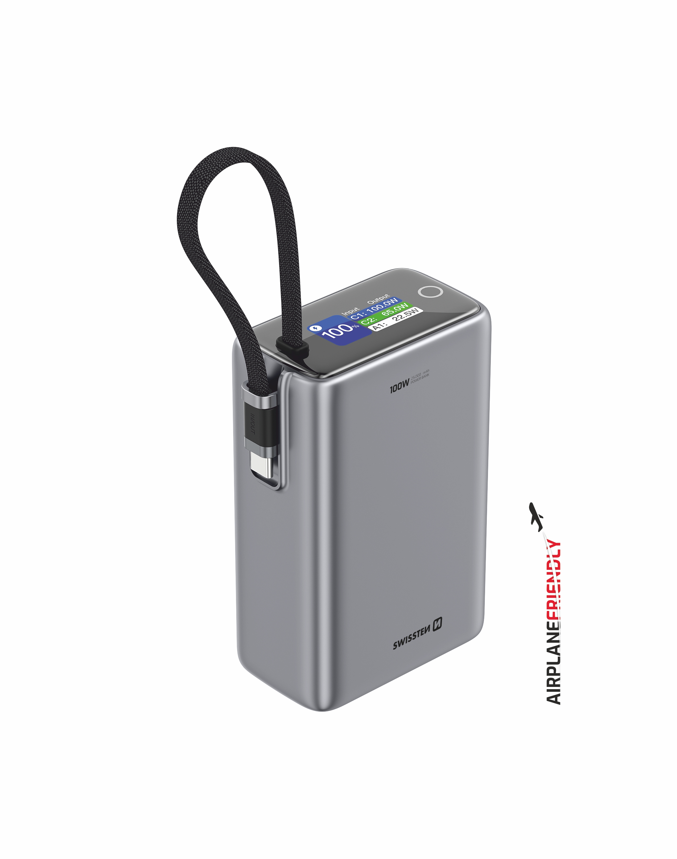 SWISSTEN Powerbanka 25 000 mAh 96,25 Wh 100W s integrovaným USB-C kabelem šedá