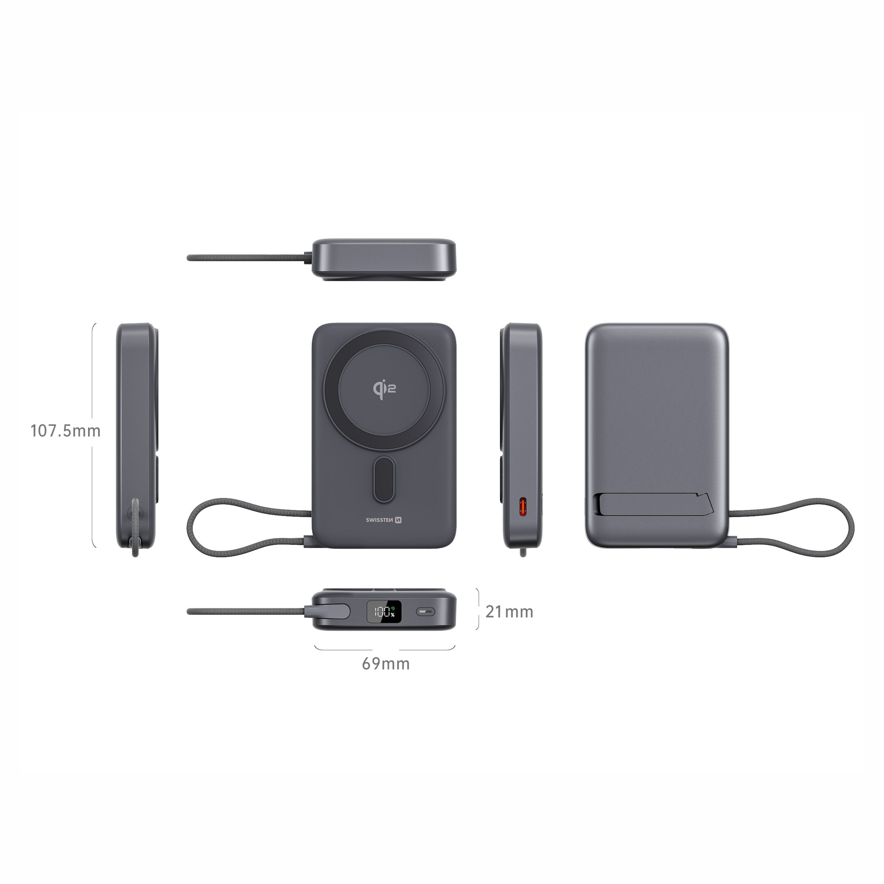 SWISSTEN Powerbanka MagSafe Qi2 10 000 mAh 15W s integrovaným USB-C kabelem černá