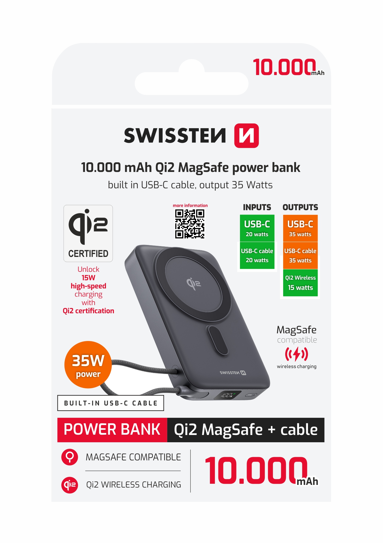 SWISSTEN Powerbanka MagSafe Qi2 10 000 mAh 15W s integrovaným USB-C kabelem černá
