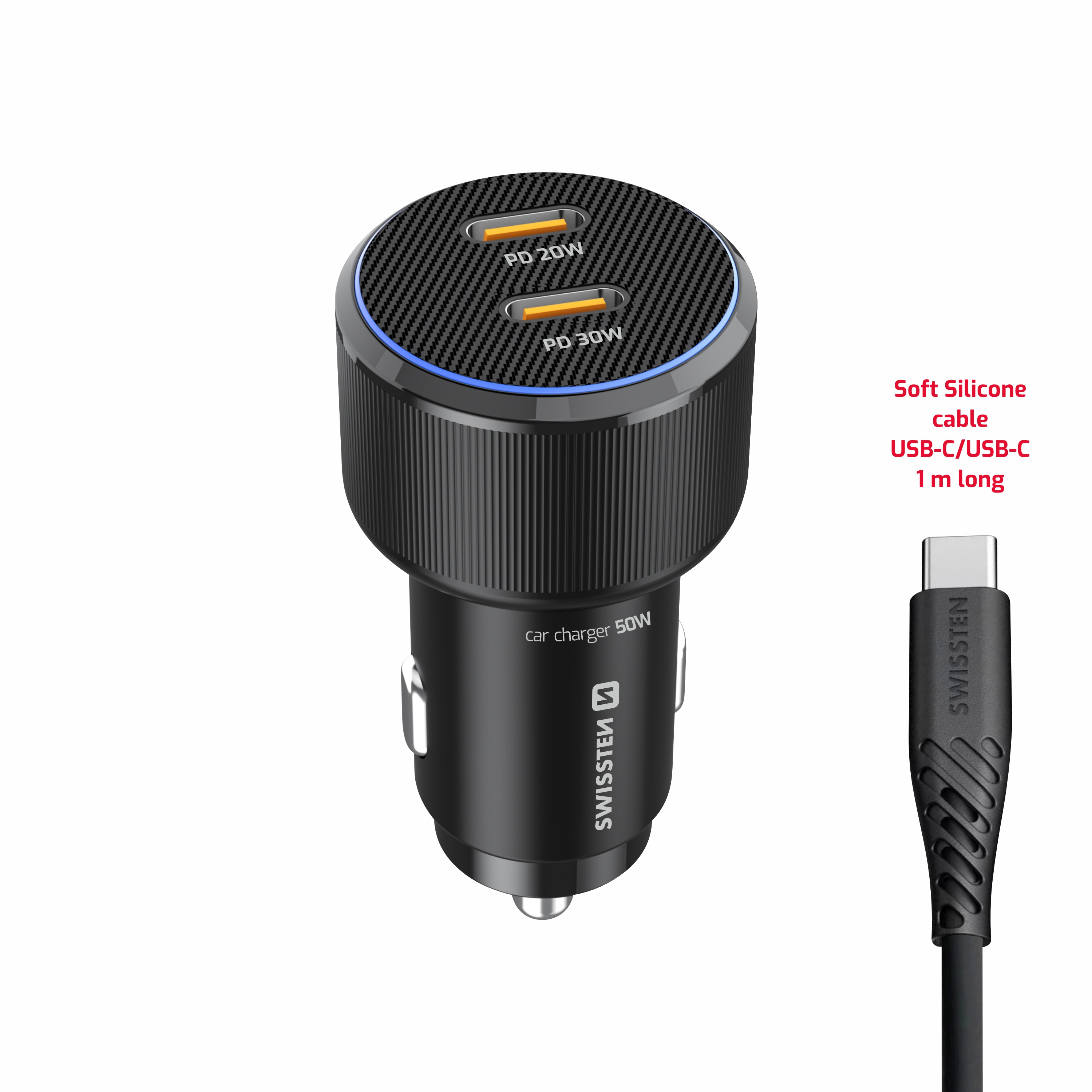 SWISSTEN Autonabíječka 2× USB-C Power Delivery 50W černá + USB-C kabel 1 m
