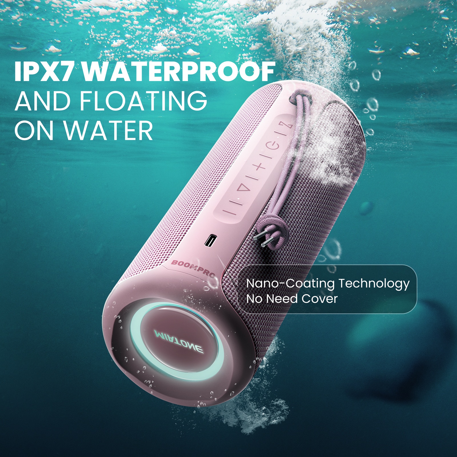 Miatone BOOMBOX PRO – voděodolný Bluetooth reproduktor IPX7 30 W s RGB podsvícením růžový