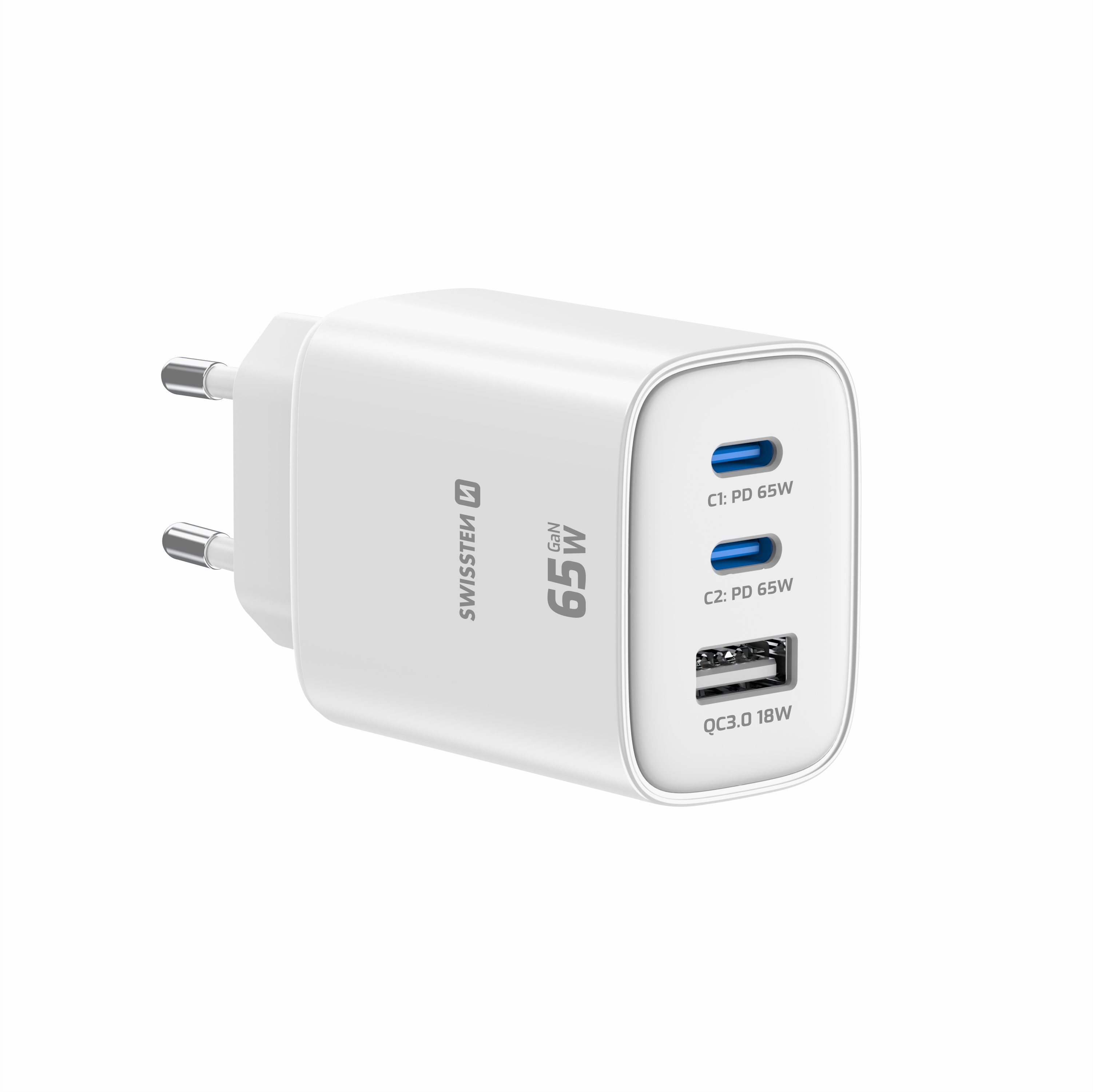 SWISSTEN GaN Síťová nabíječka 2x USB-C 65W PD + USB-A 18W bílá