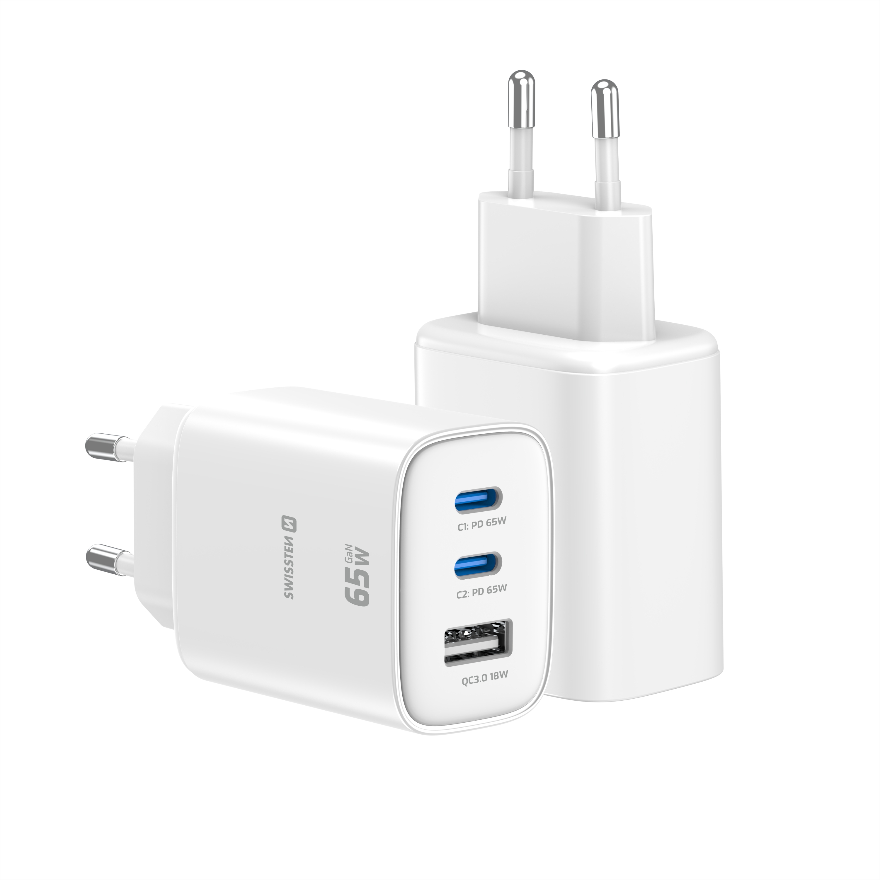 SWISSTEN GaN Síťová nabíječka 2x USB-C 65W PD + USB-A 18W bílá