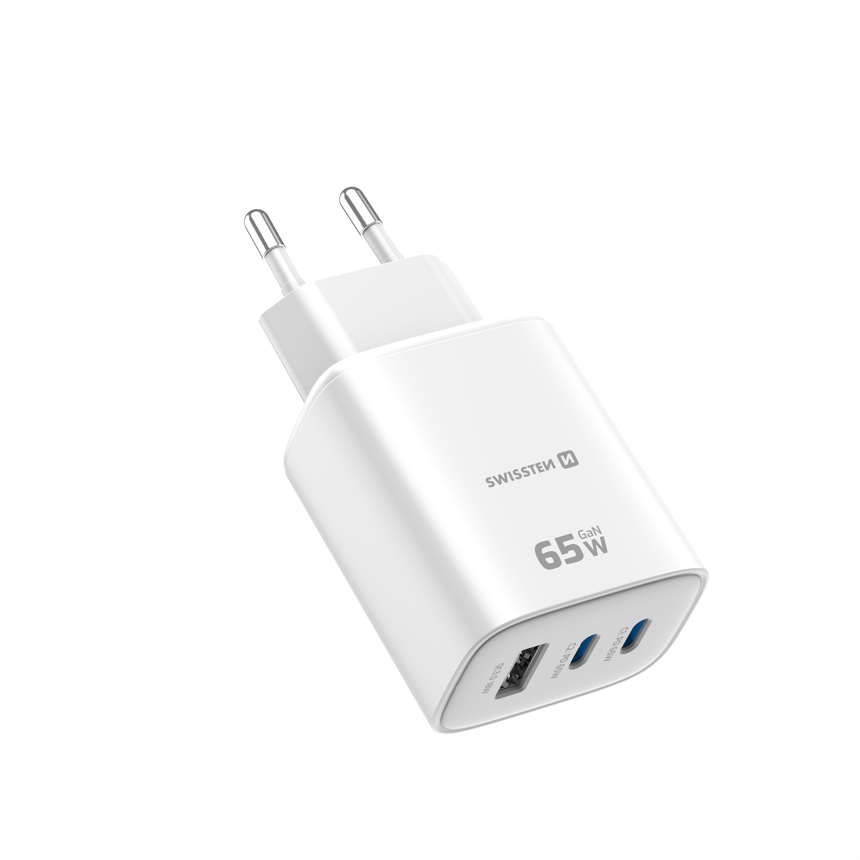 SWISSTEN GaN Síťová nabíječka 2x USB-C 65W PD + USB-A 18W bílá