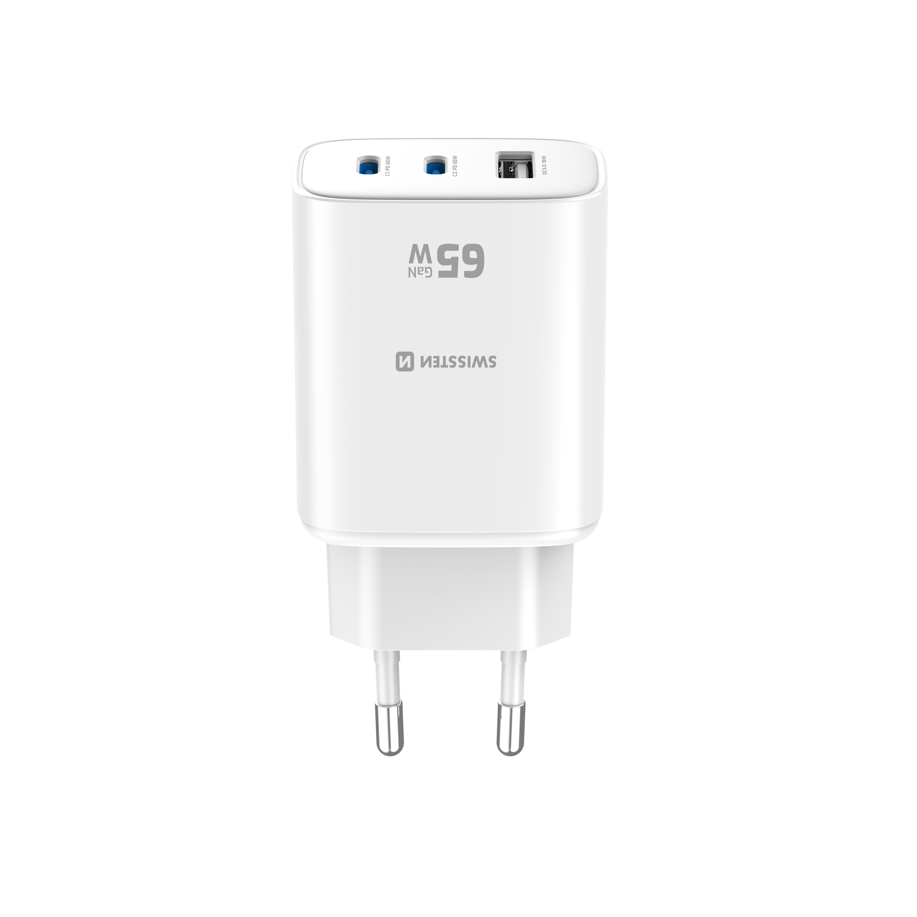 SWISSTEN GaN Síťová nabíječka 2x USB-C 65W PD + USB-A 18W bílá