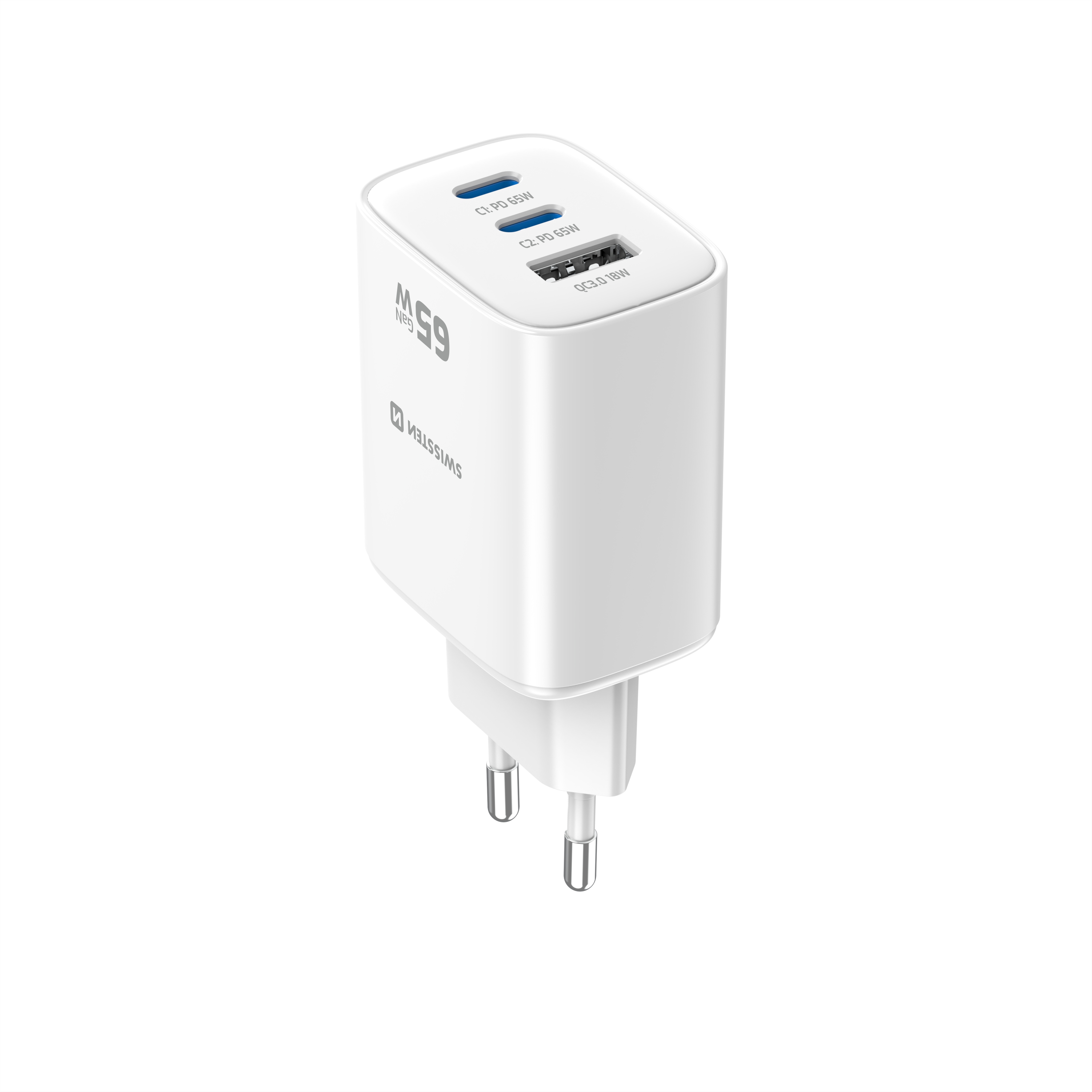 SWISSTEN GaN Síťová nabíječka 2x USB-C 65W PD + USB-A 18W bílá