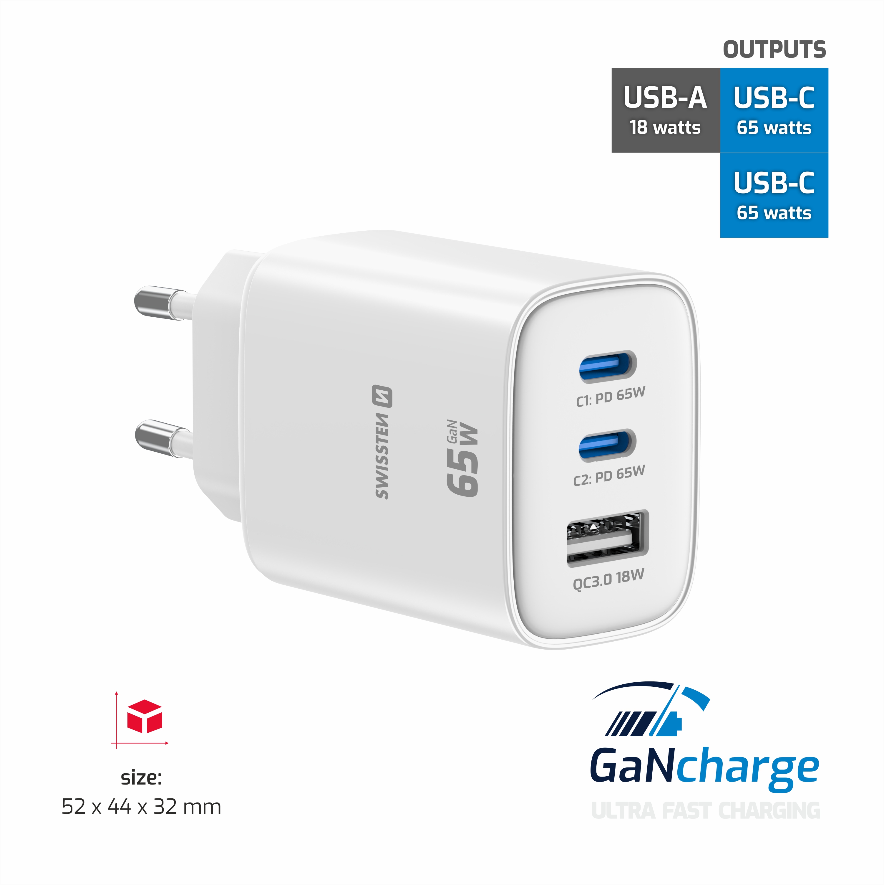 SWISSTEN GaN Síťová nabíječka 2x USB-C 65W PD + USB-A 18W bílá