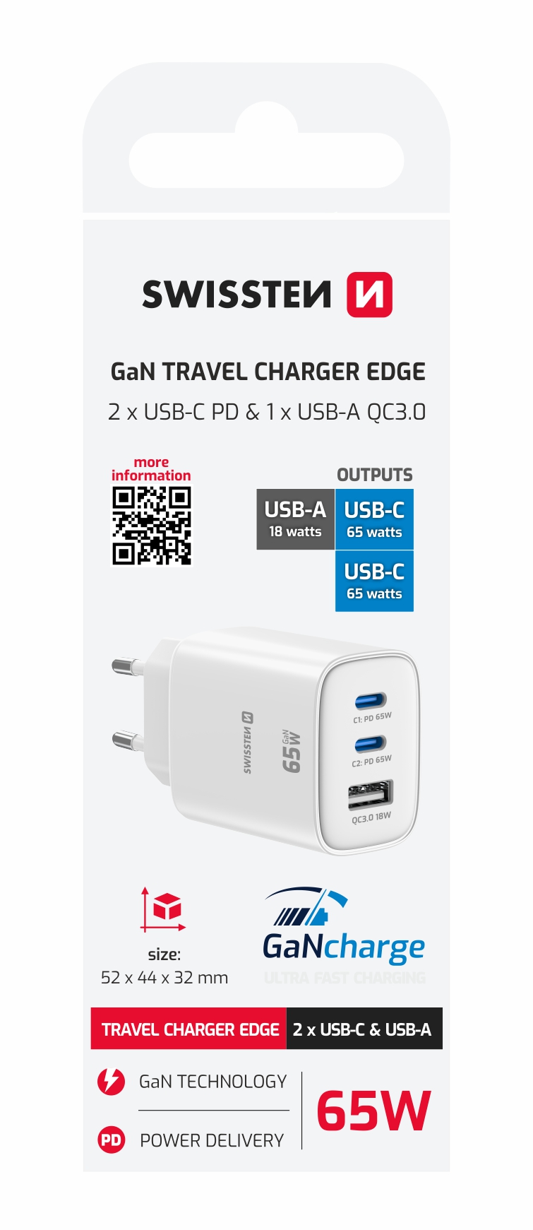 SWISSTEN GaN Síťová nabíječka 2x USB-C 65W PD + USB-A 18W bílá
