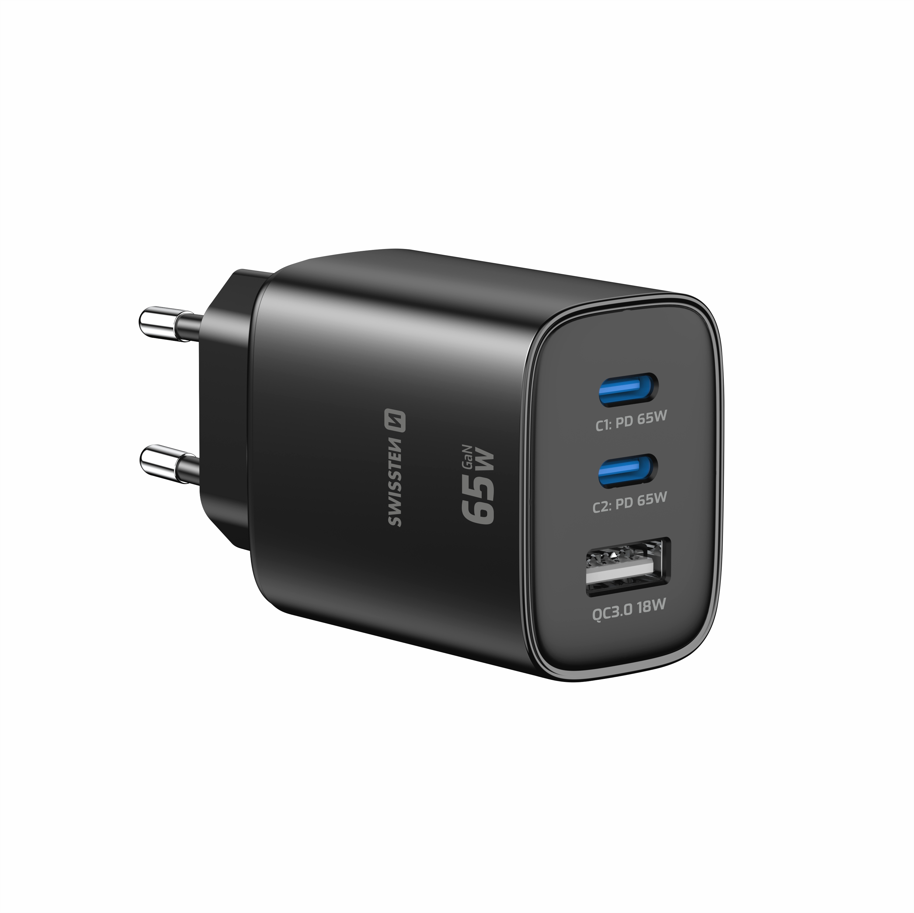 SWISSTEN GaN Síťová nabíječka 2x USB-C 65W PD + USB-A 18W černá