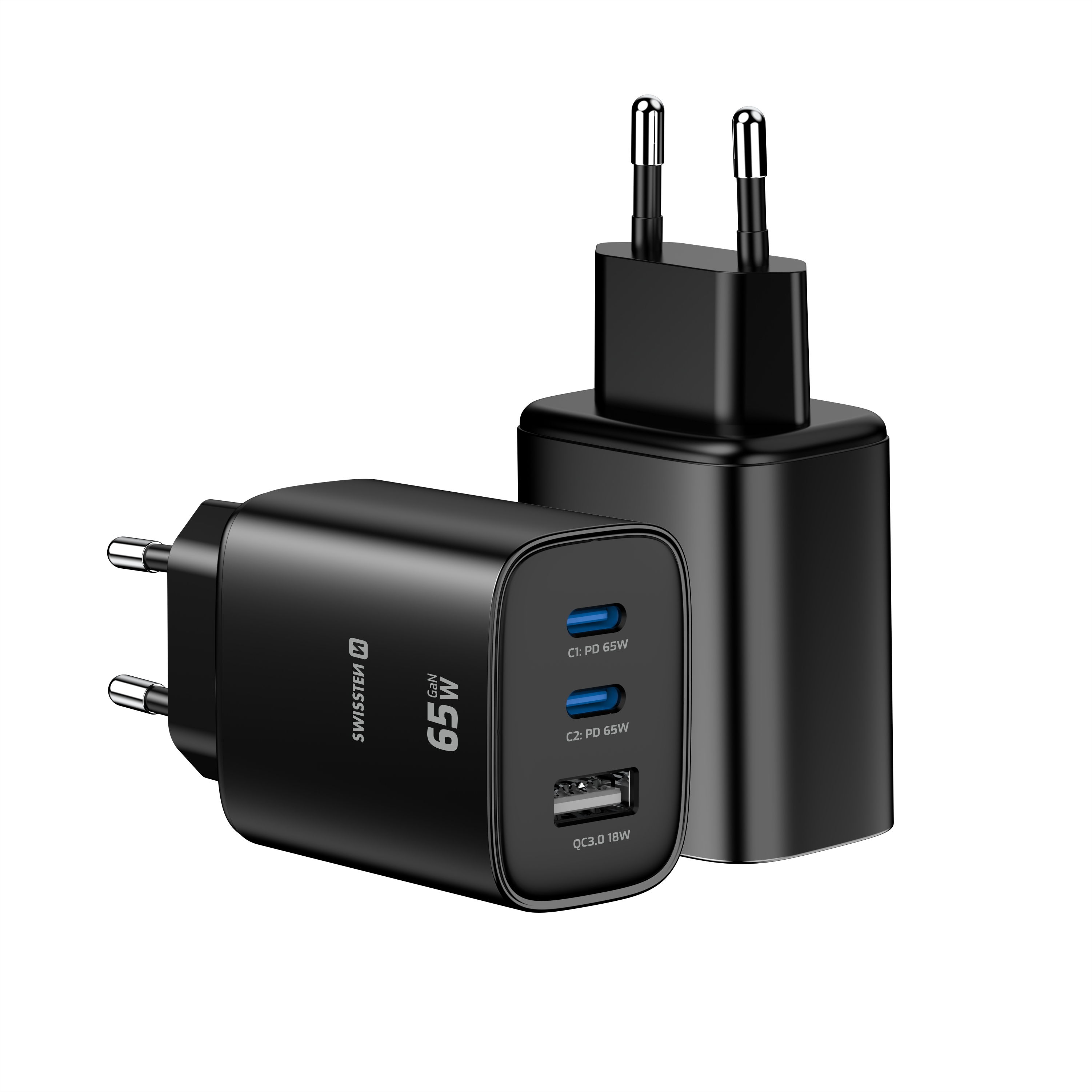 SWISSTEN GaN Síťová nabíječka 2x USB-C 65W PD + USB-A 18W černá