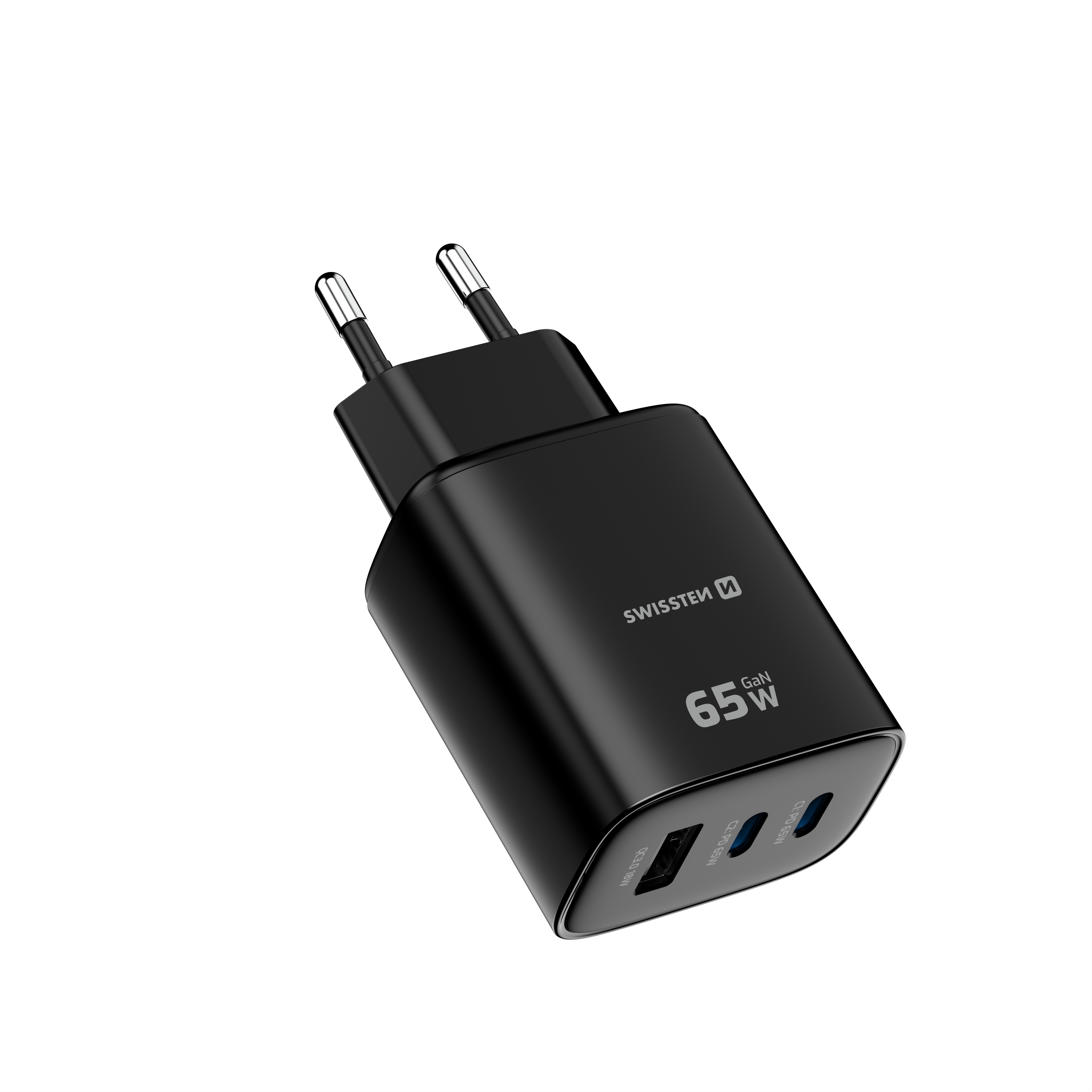 SWISSTEN GaN Síťová nabíječka 2x USB-C 65W PD + USB-A 18W černá