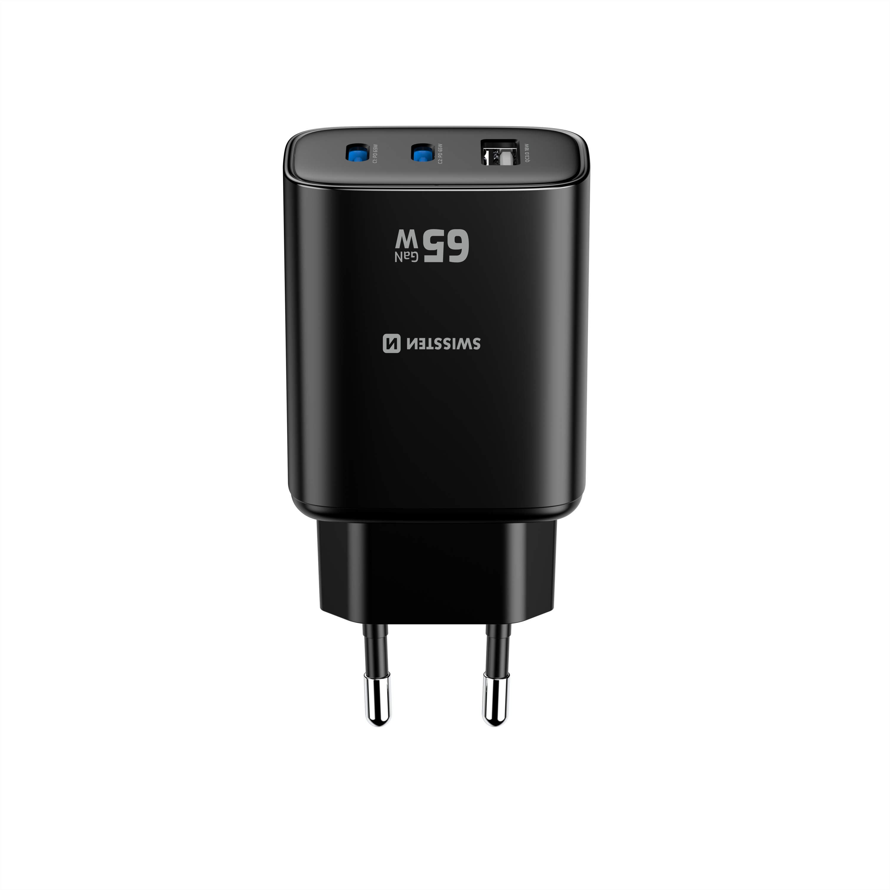 SWISSTEN GaN Síťová nabíječka 2x USB-C 65W PD + USB-A 18W černá