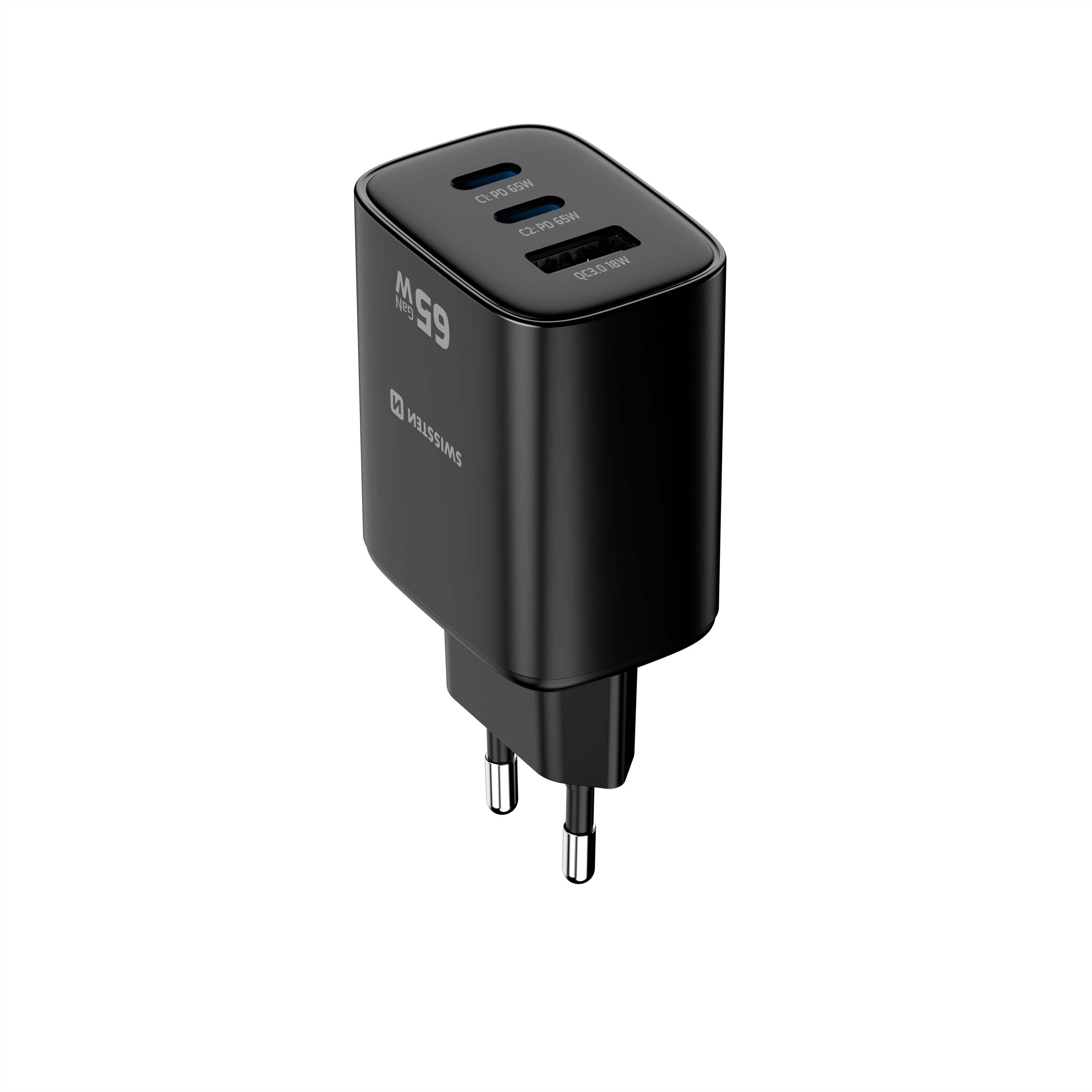 SWISSTEN GaN Síťová nabíječka 2x USB-C 65W PD + USB-A 18W černá