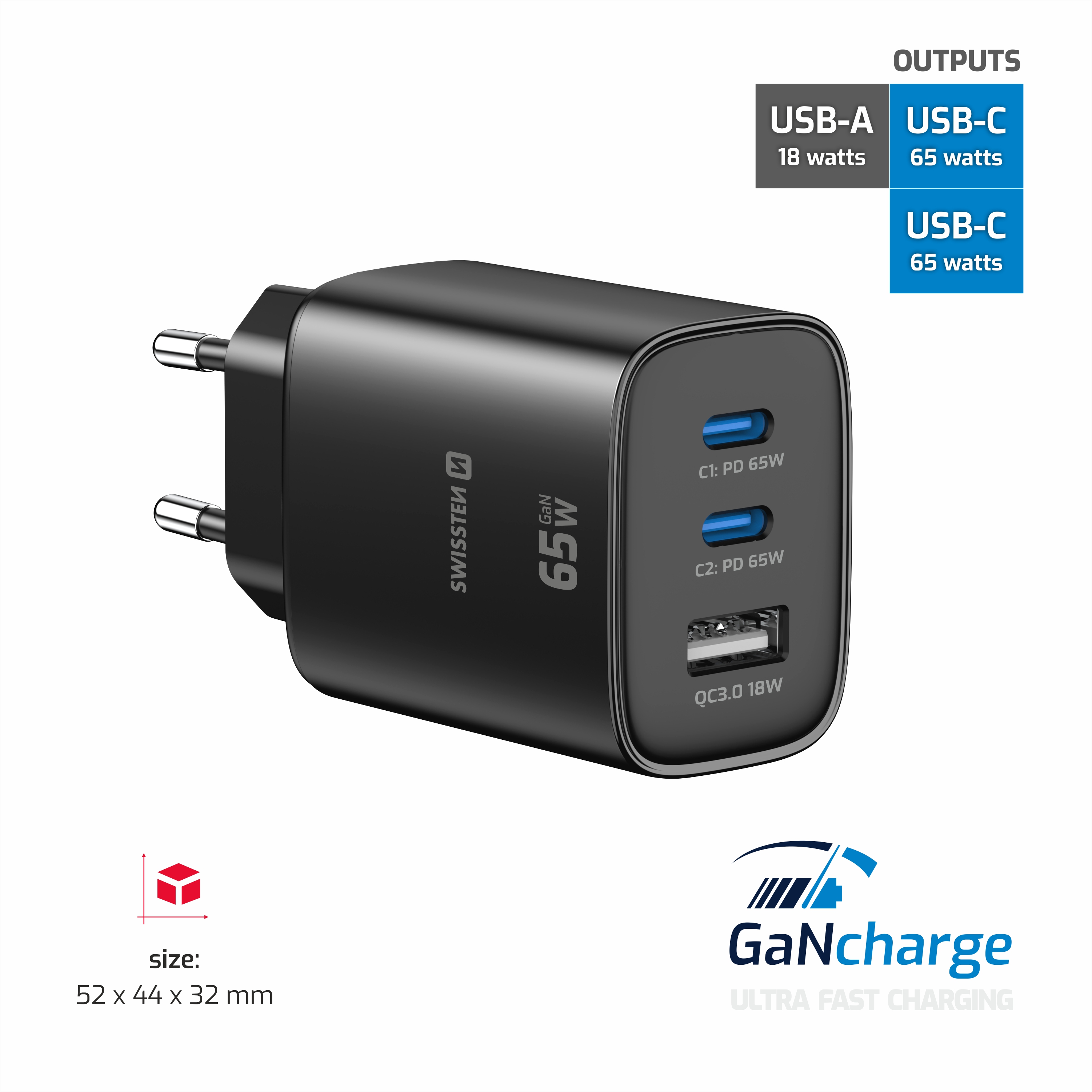 SWISSTEN GaN Síťová nabíječka 2x USB-C 65W PD + USB-A 18W černá