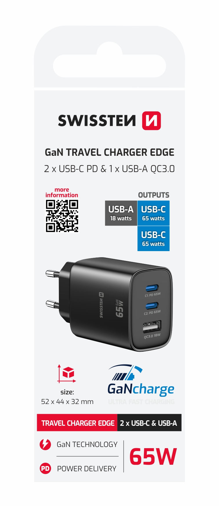 SWISSTEN GaN Síťová nabíječka 2x USB-C 65W PD + USB-A 18W černá