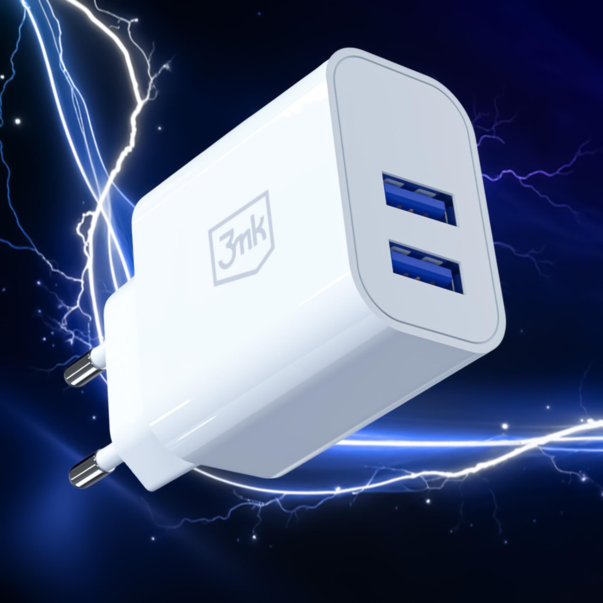 3mk FlowPower 10W 2.4A – síťová nabíječka 2× USB-A 10 W bílá