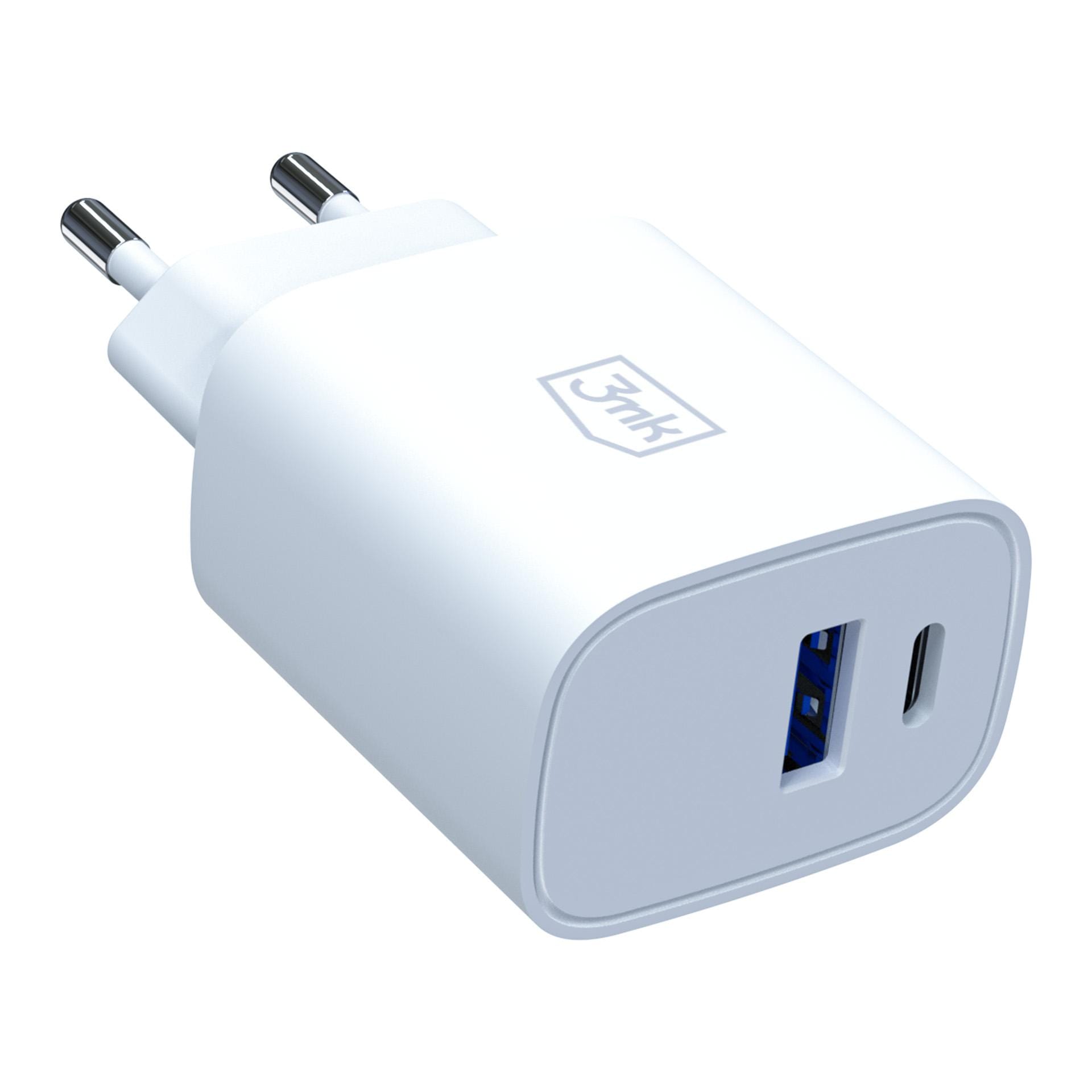 3mk FlowPower PD 25W – síťová nabíječka GaN 25 W USB-C PD + USB-A QC bílá