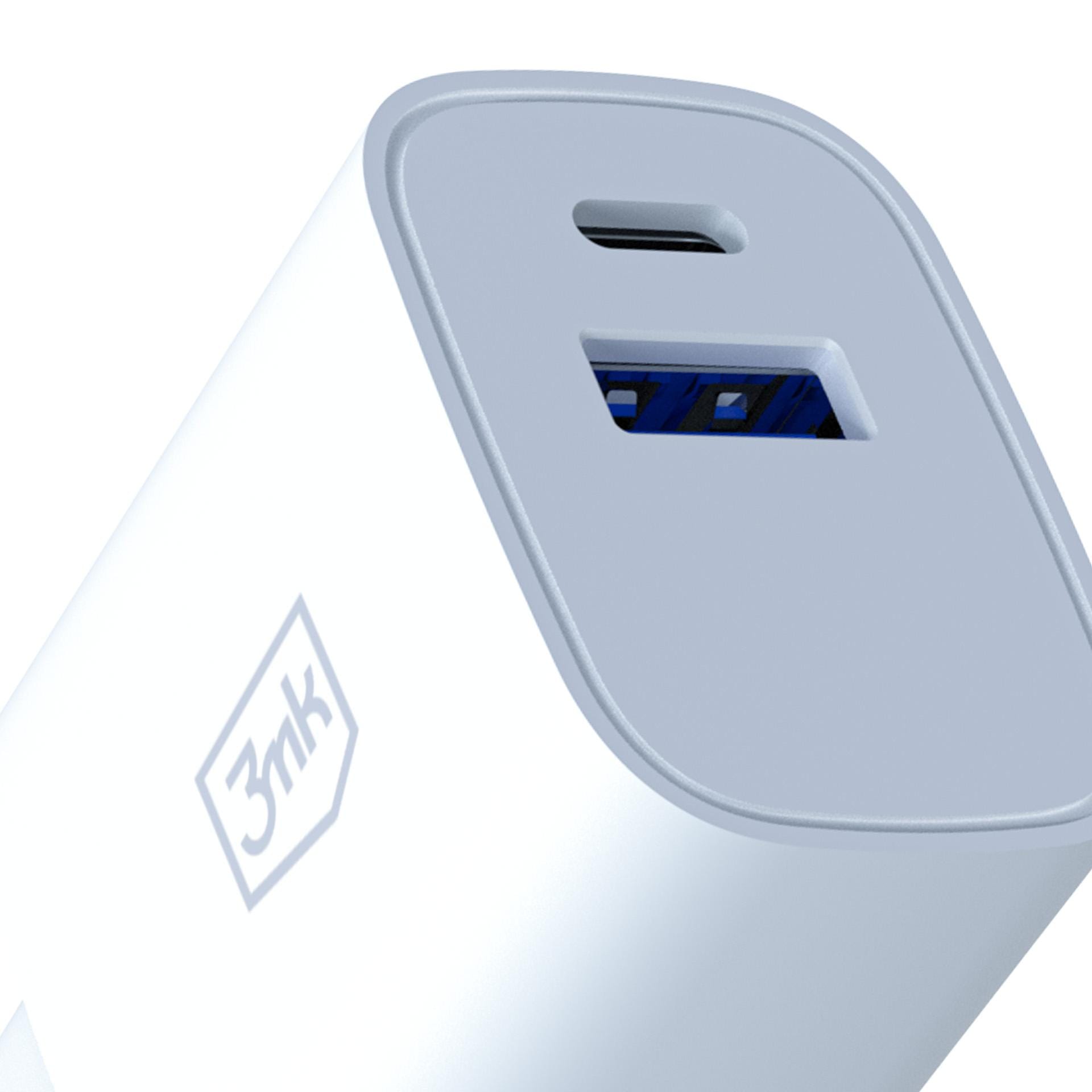 3mk FlowPower PD 25W – síťová nabíječka GaN 25 W USB-C PD + USB-A QC bílá