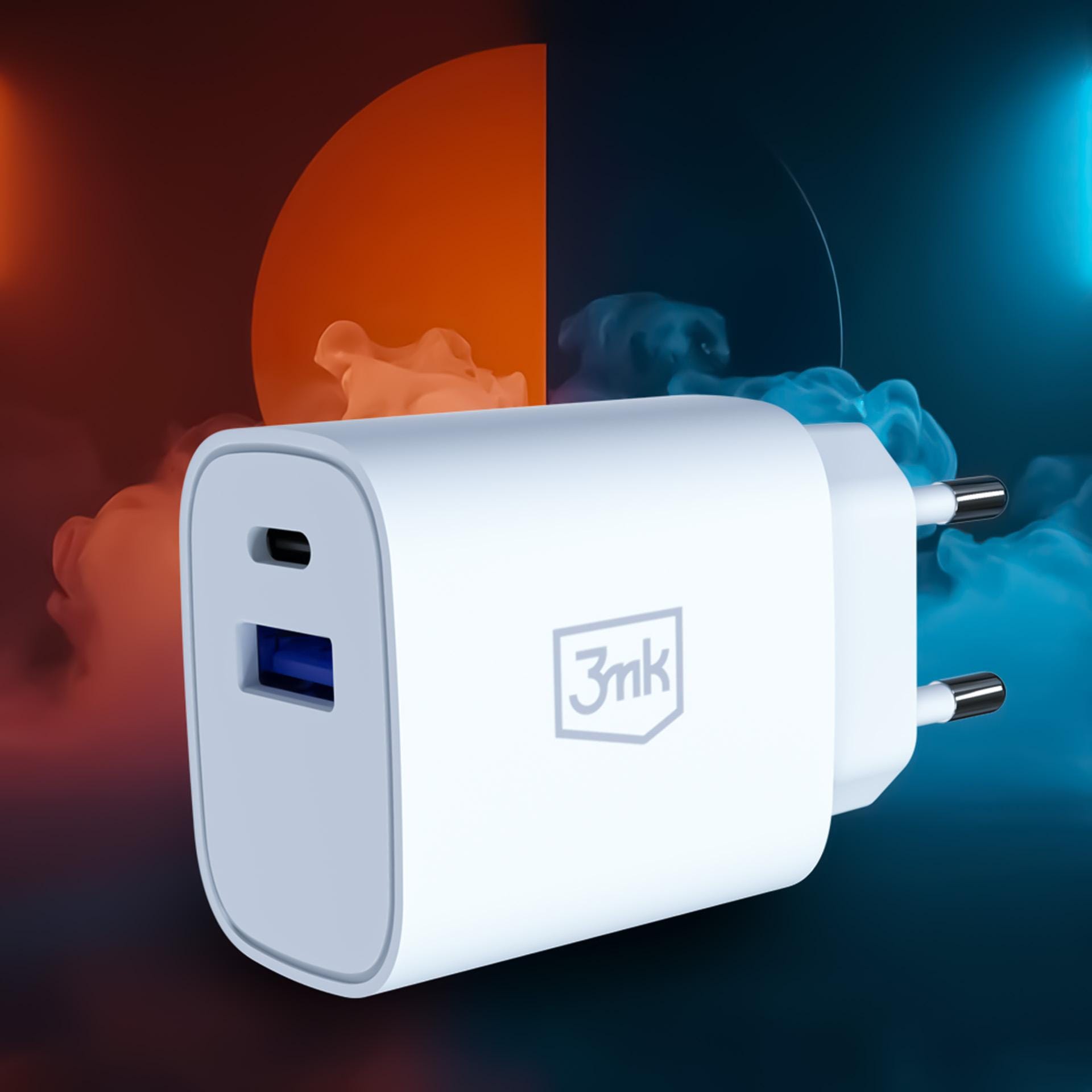 3mk FlowPower PD 25W – síťová nabíječka GaN 25 W USB-C PD + USB-A QC bílá