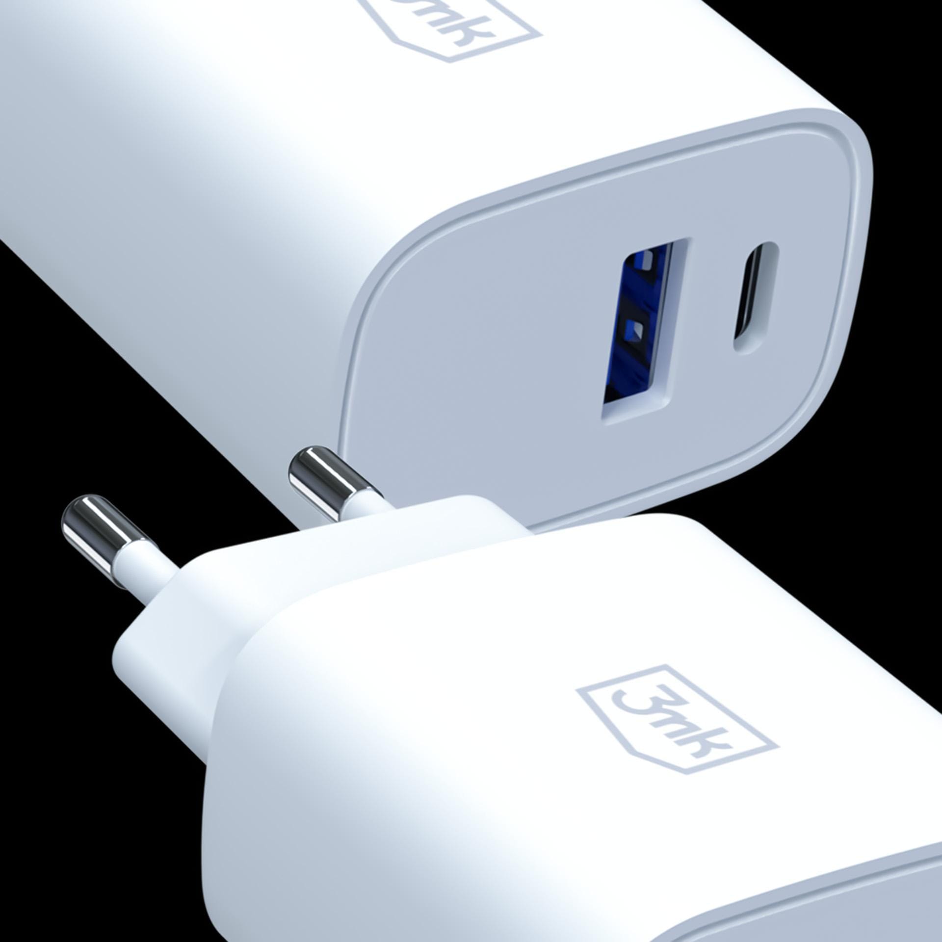 3mk FlowPower PD 25W – síťová nabíječka GaN 25 W USB-C PD + USB-A QC bílá