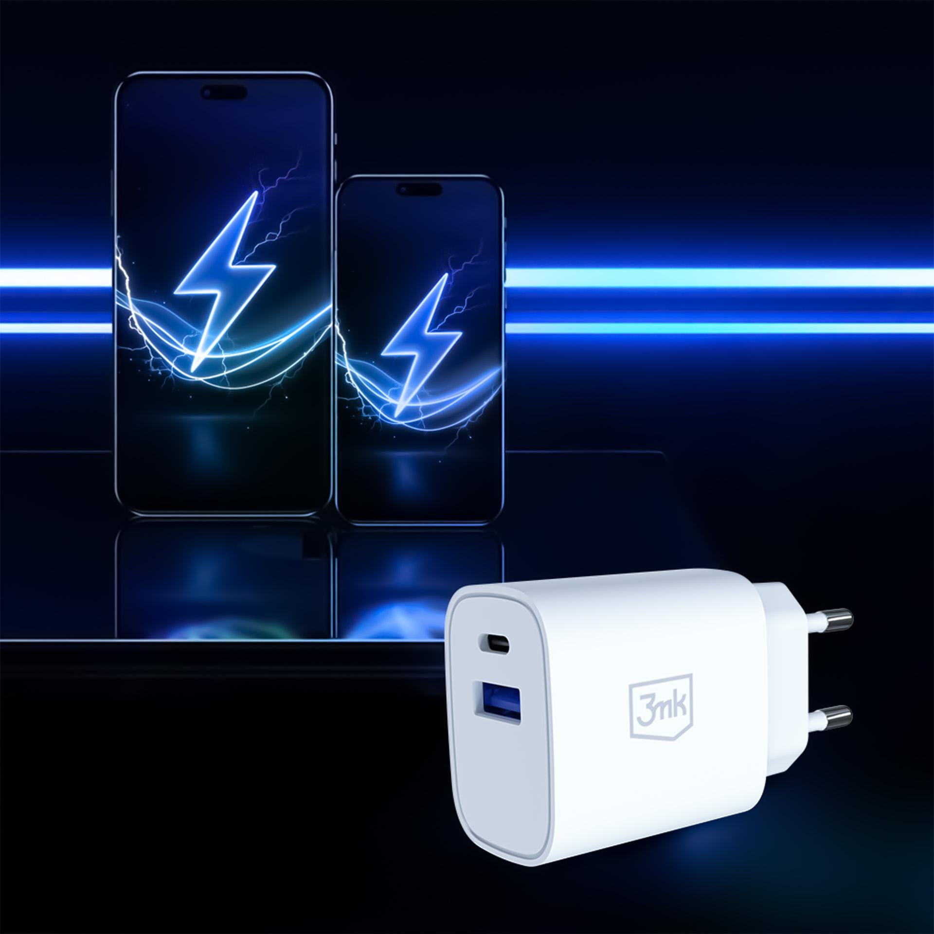 3mk FlowPower PD 25W – síťová nabíječka GaN 25 W USB-C PD + USB-A QC bílá