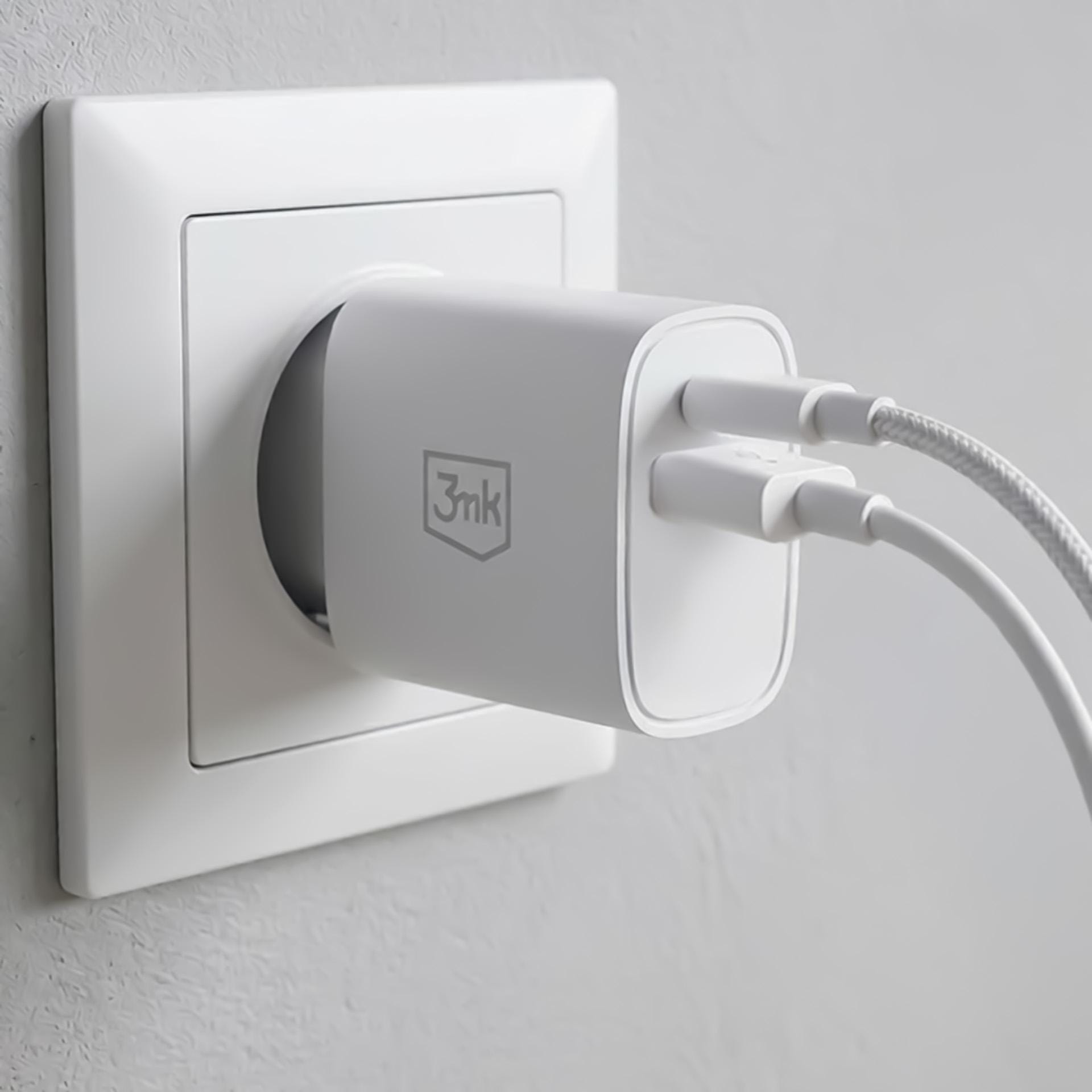 3mk FlowPower PD 25W – síťová nabíječka GaN 25 W USB-C PD + USB-A QC bílá