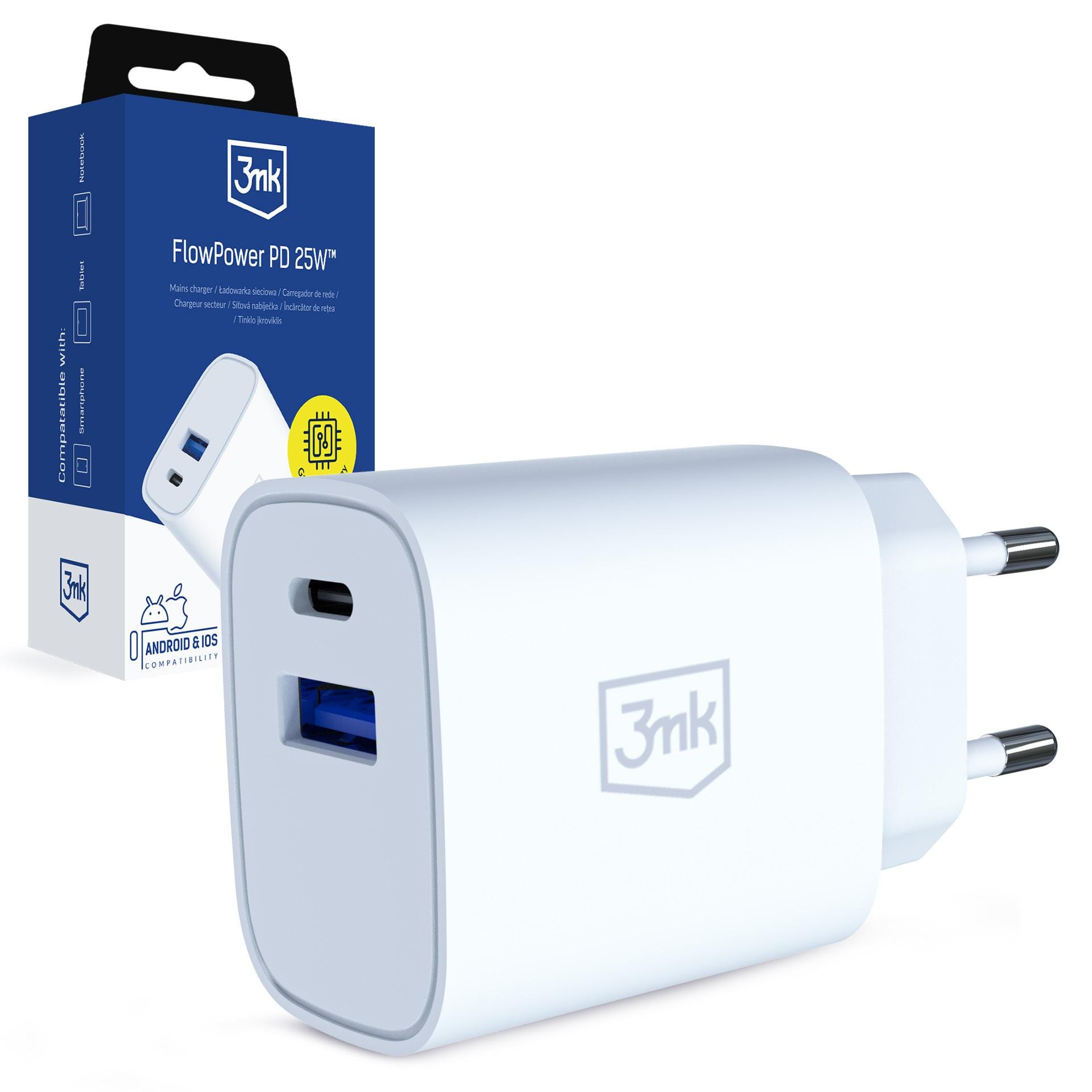 3mk FlowPower PD 25W – síťová nabíječka GaN 25 W USB-C PD + USB-A QC bílá