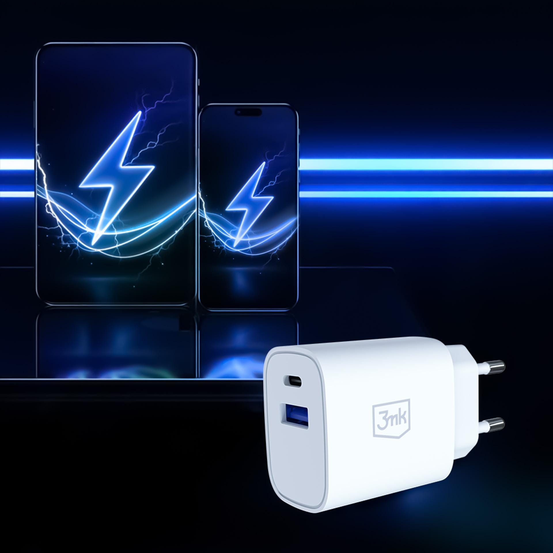 3mk FlowPower PD 30W – síťová nabíječka GaN 30 W USB-C PD 3.0 + USB-A QC 4.0 bílá