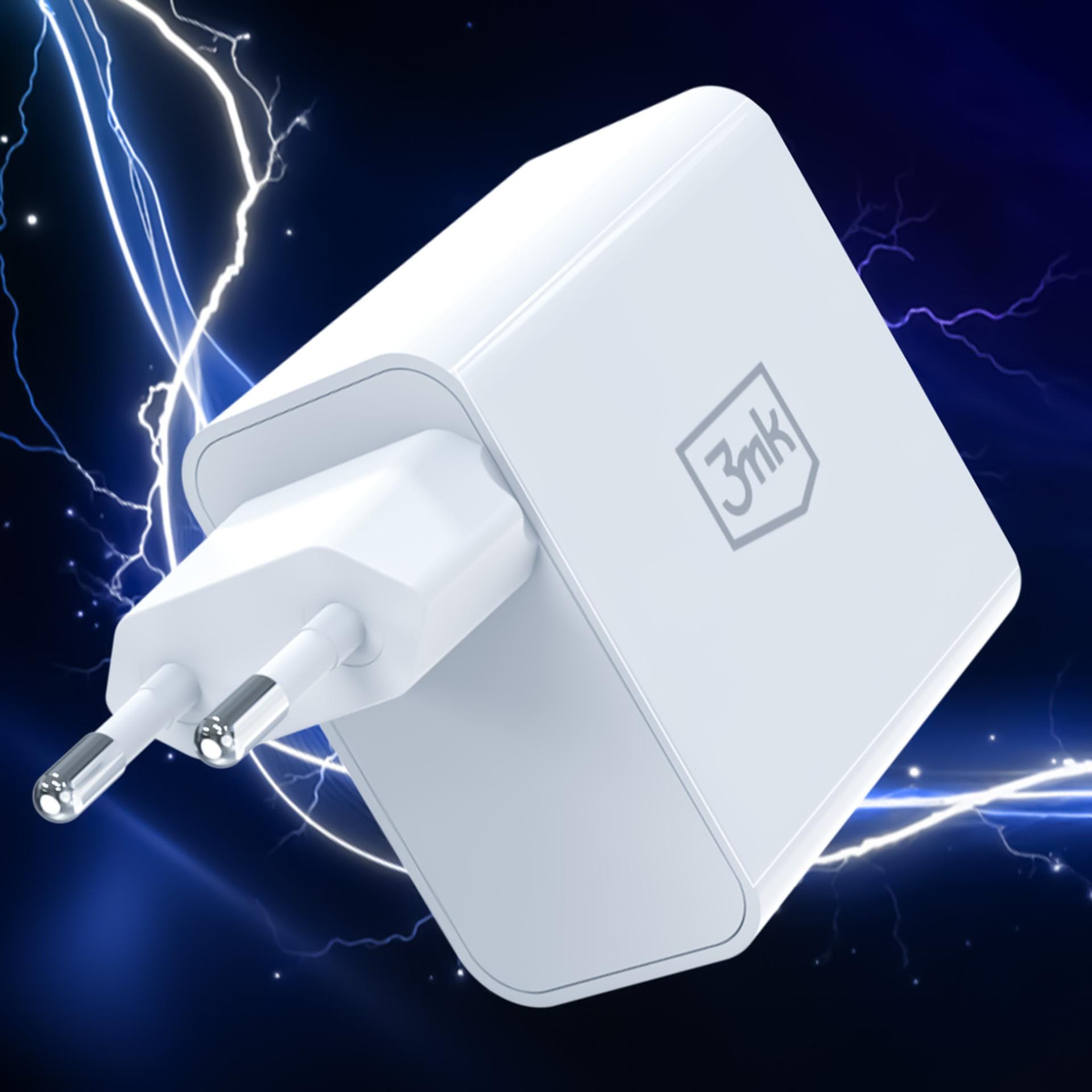 3mk FlowPower 45W – síťová nabíječka GaN 45 W USB-C PD 3.0 + USB-A QC 4.0 bílá