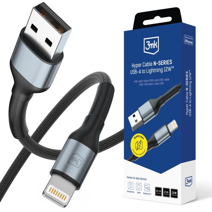 3mk Hyper Cable N-SERIES – USB-A / Lightning kabel 12 W 2 m černý
