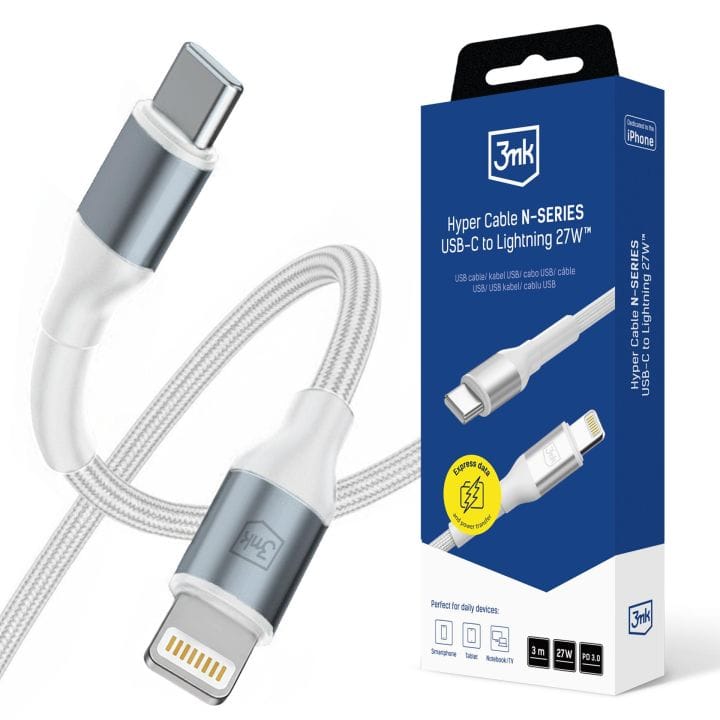 3mk Hyper Cable N-SERIES – USB-C / Lightning kabel 27 W 2 m bílý