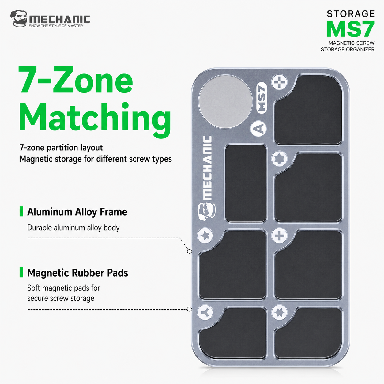 MECHANIC MS7 – aluminiová magnetická podložka - organizér na šroubky