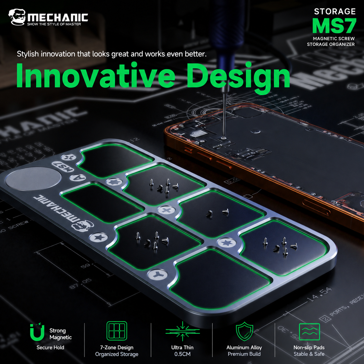MECHANIC MS7 – aluminiová magnetická podložka - organizér na šroubky