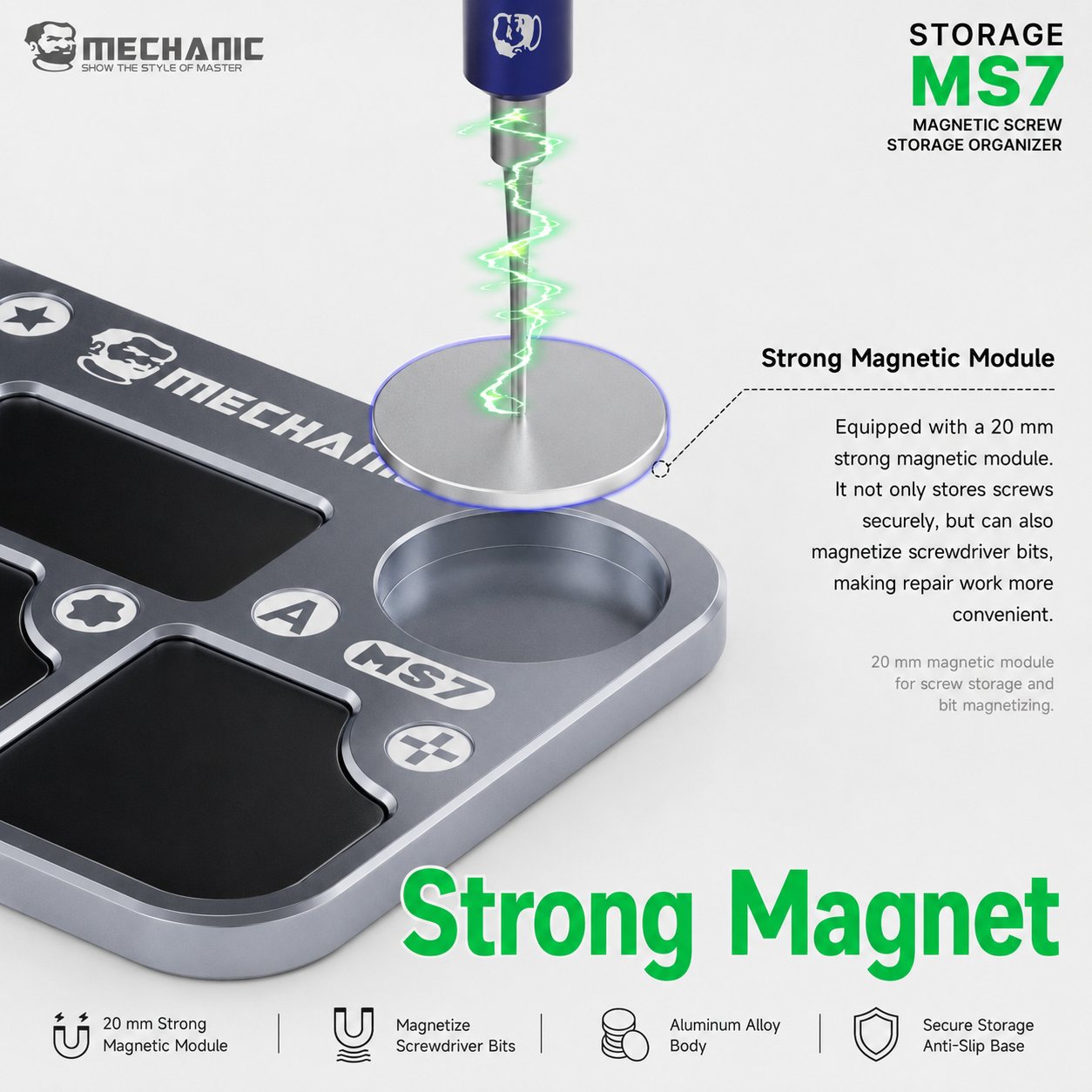 MECHANIC MS7 – aluminiová magnetická podložka - organizér na šroubky