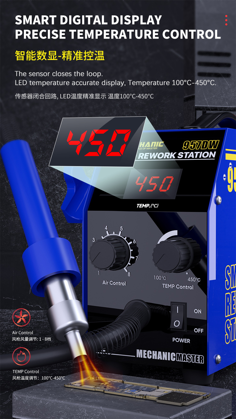MECHANIC 957DW – Profesionální horkovzdušná pájecí stanice Hot Air 600 W pro GSM servis