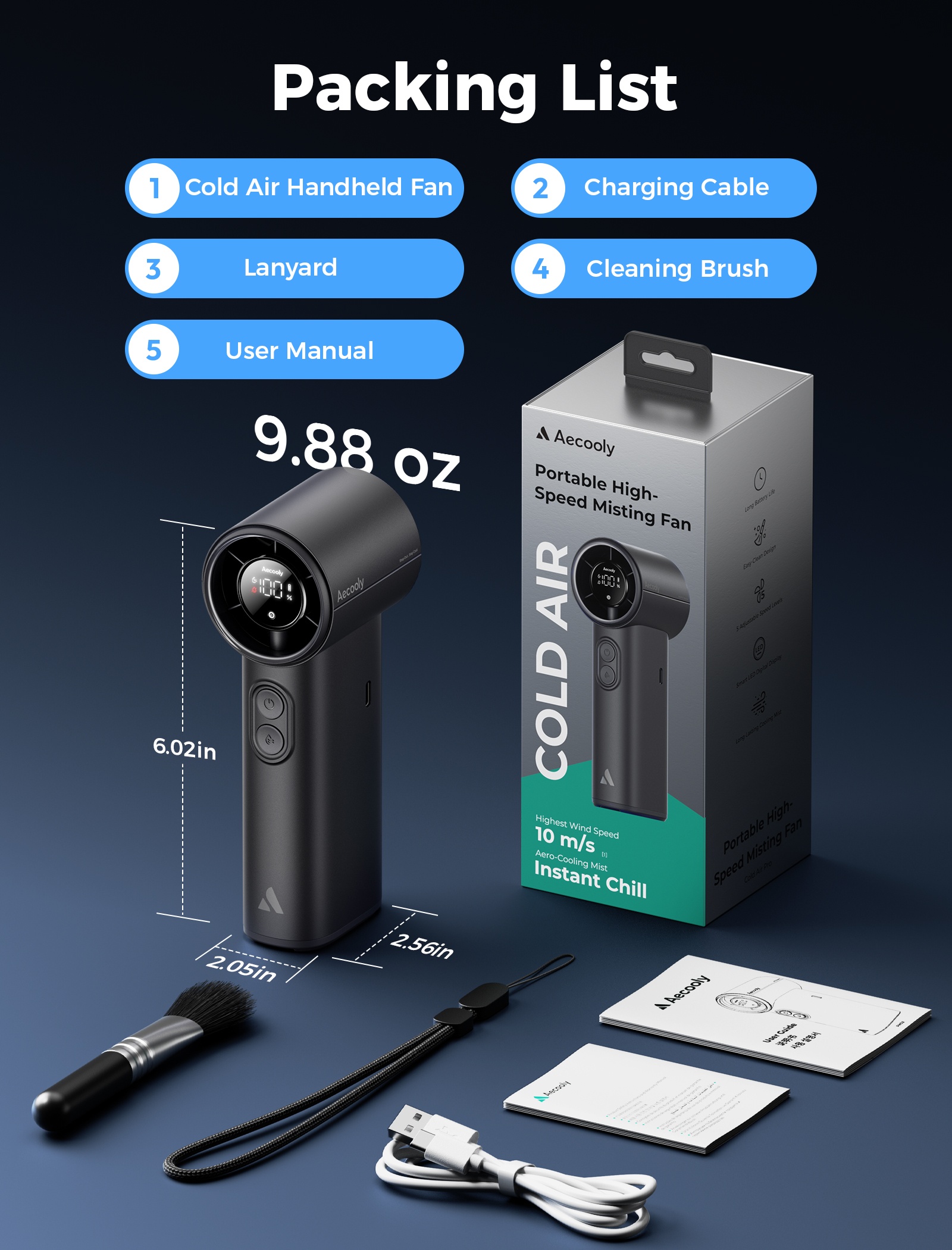 Aecooly Cold Air PM02 – Ruční ventilátor s vodní mlhou černý