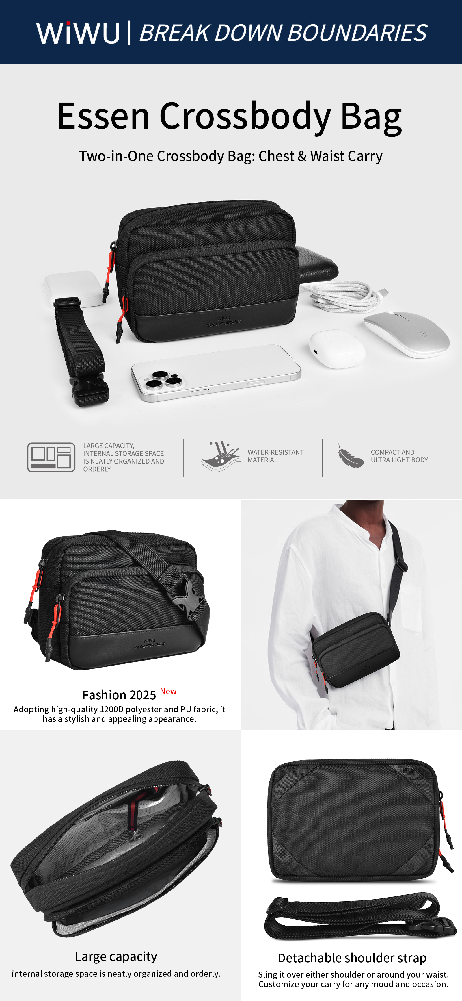 WiWU Essen 2 in 1 Crossbody Bag městská taška přes rameno 20 × 14 × 6 cm černá