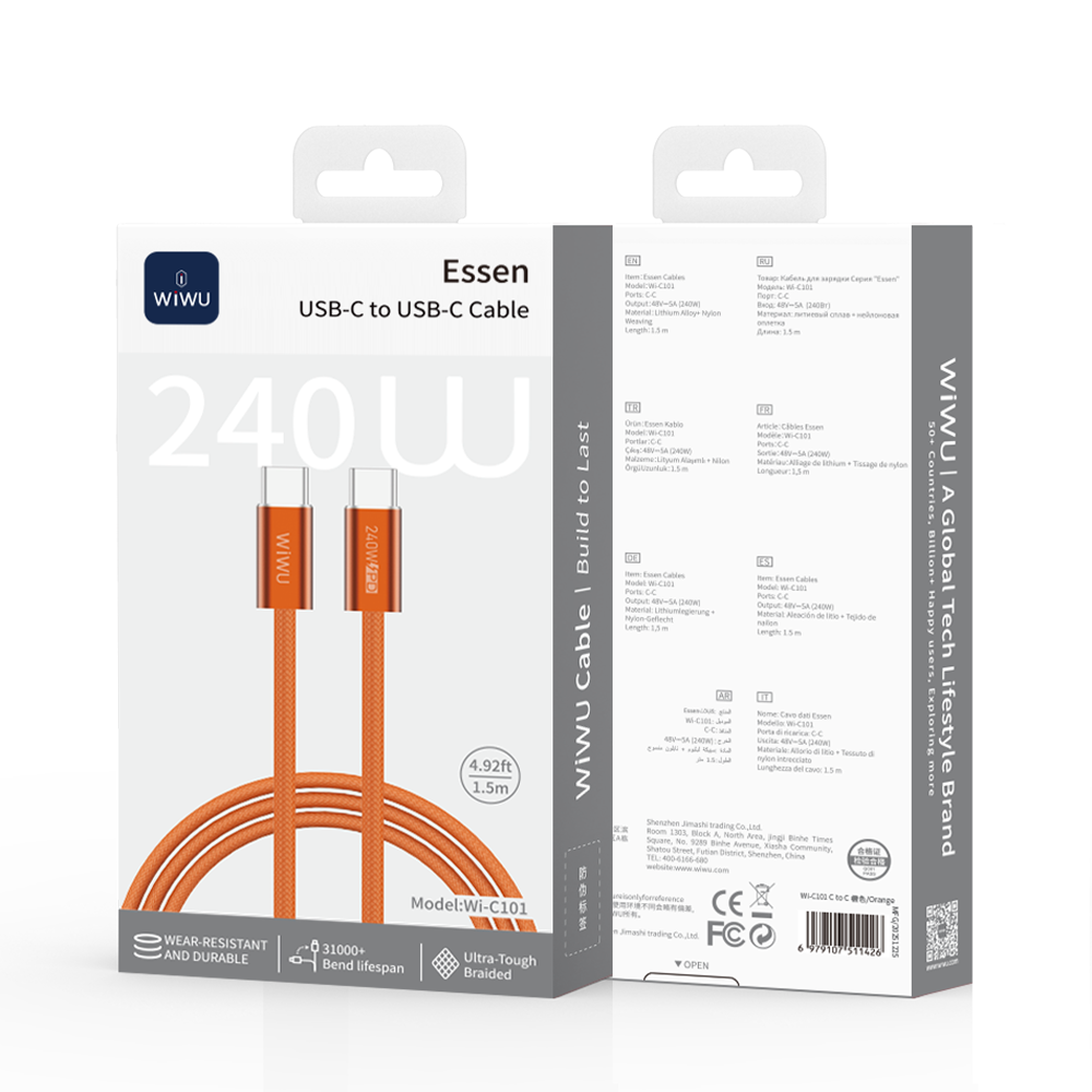 WiWU Essen Wi-C101 kabel USB-C / USB-C 240 W 1,5 m nylonově opletený oranžový
