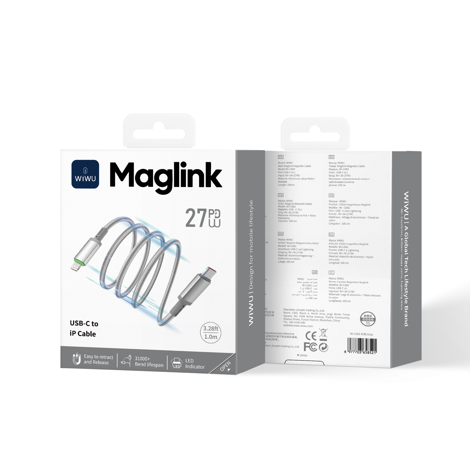 WiWU Maglink Wi-C083 magnetický kabel USB-C / Lightning 27 W 1 m šedý