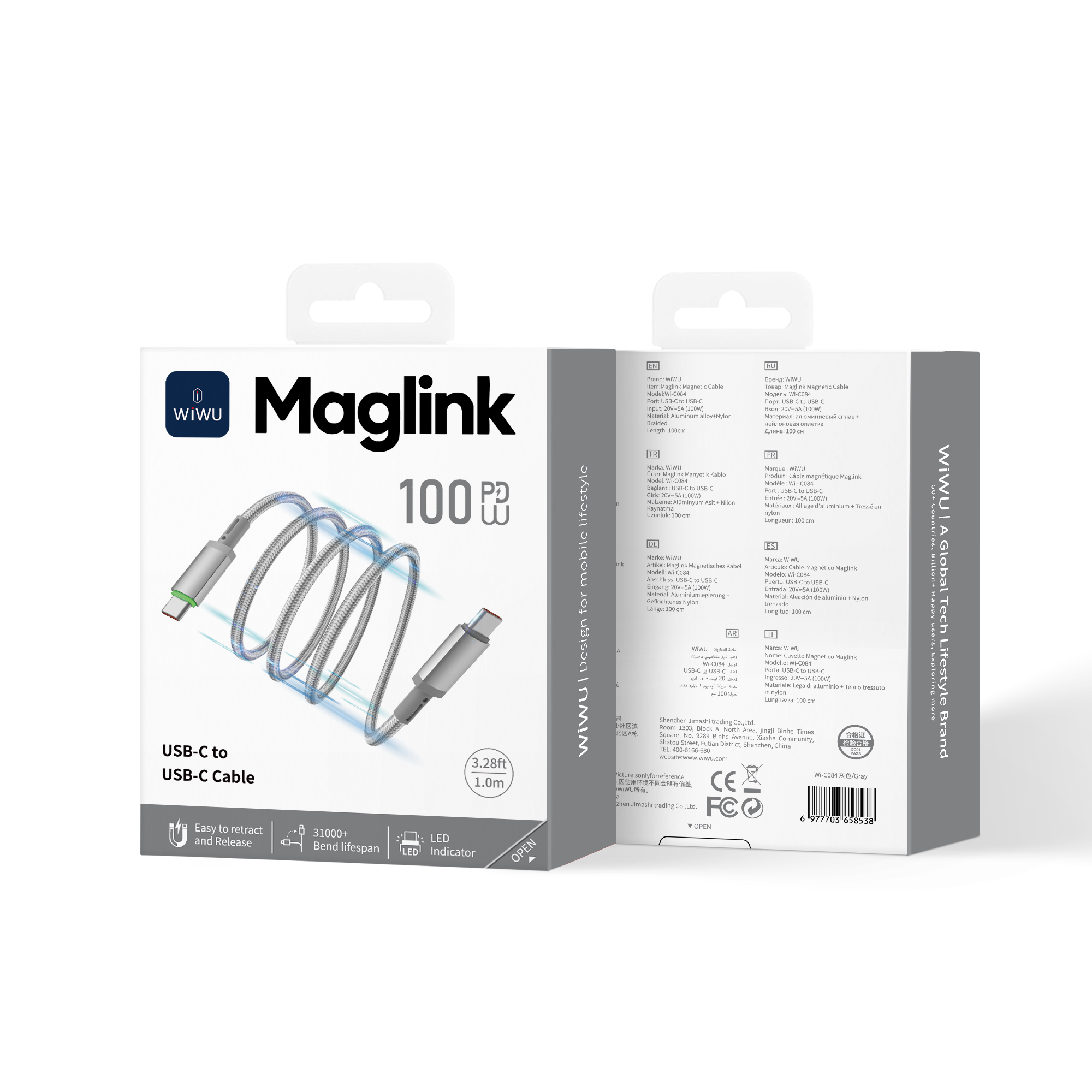 WiWU Maglink Wi-C084 magnetický kabel USB-C / USB-C 100 W 1 m šedý