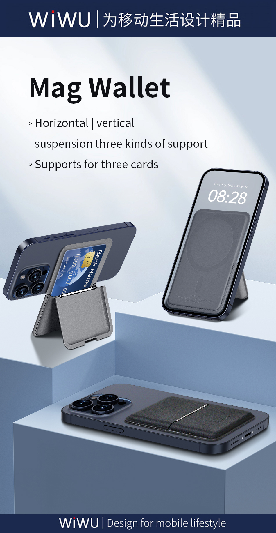 WiWU Mag Wallet MW-001 magnetická peněženka na karty se stojánkem šedá