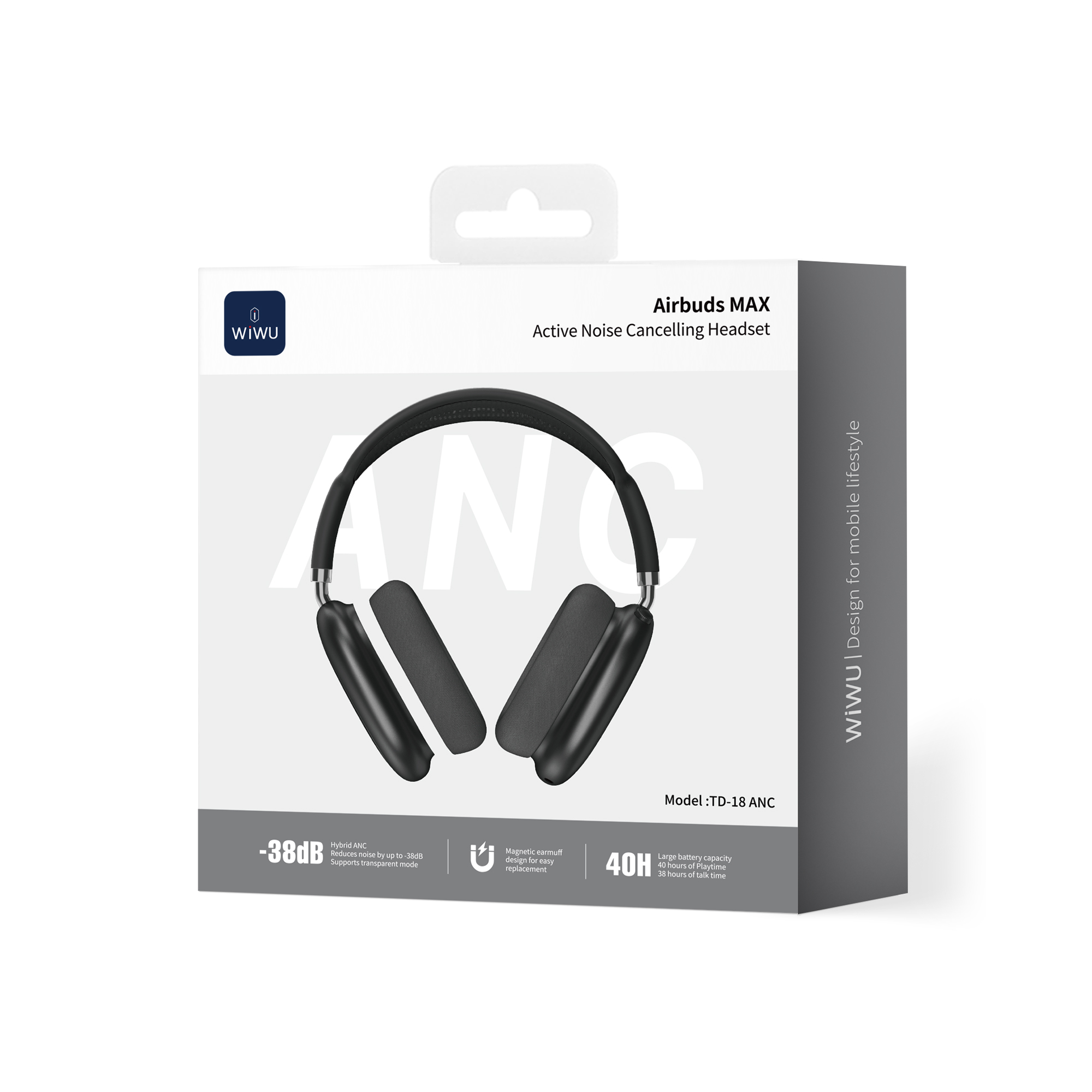 WiWU Airbuds MAX TD-18 ANC bezdrátová náhlavní sluchátka černá