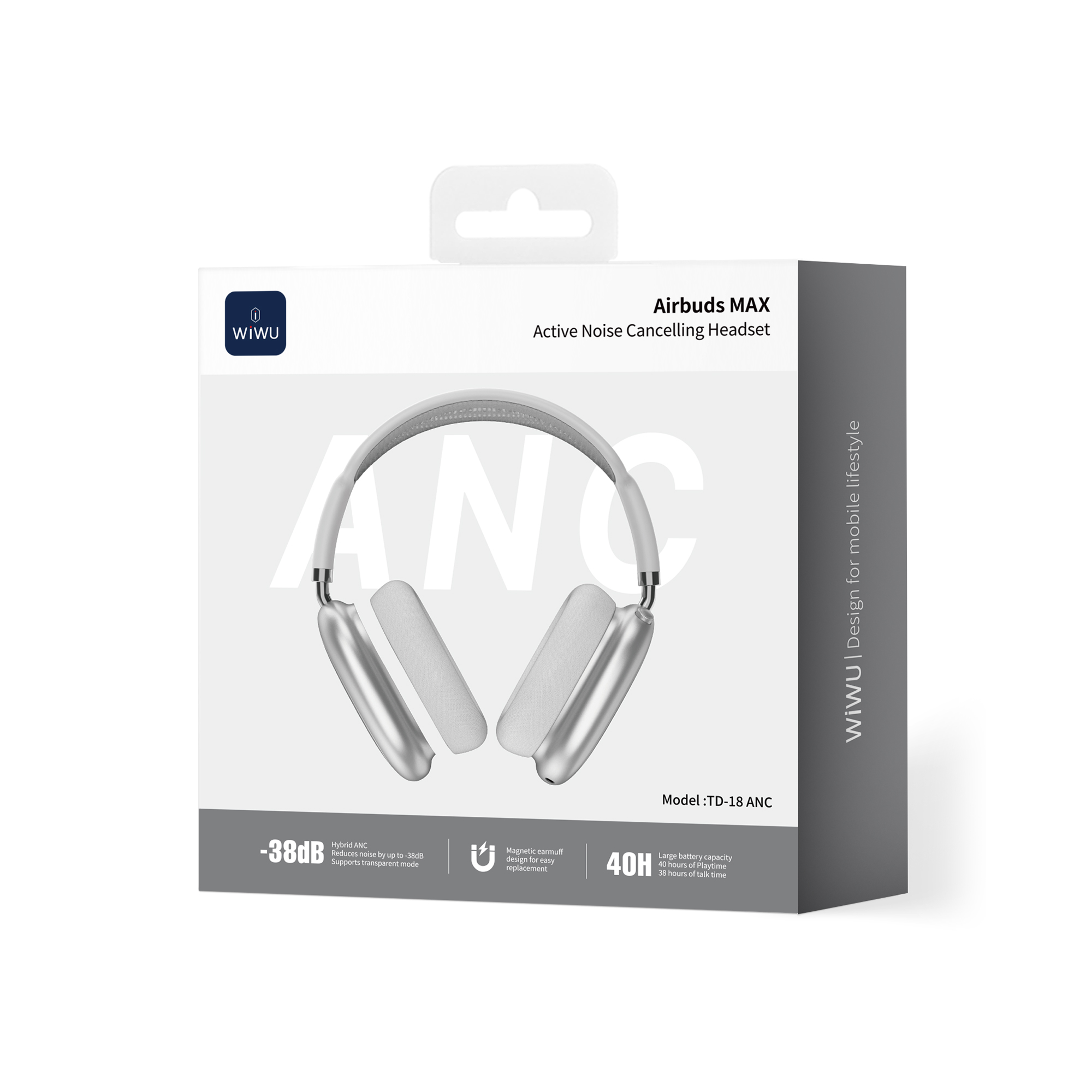 WiWU Airbuds MAX TD-18 ANC bezdrátová náhlavní sluchátka stříbrná