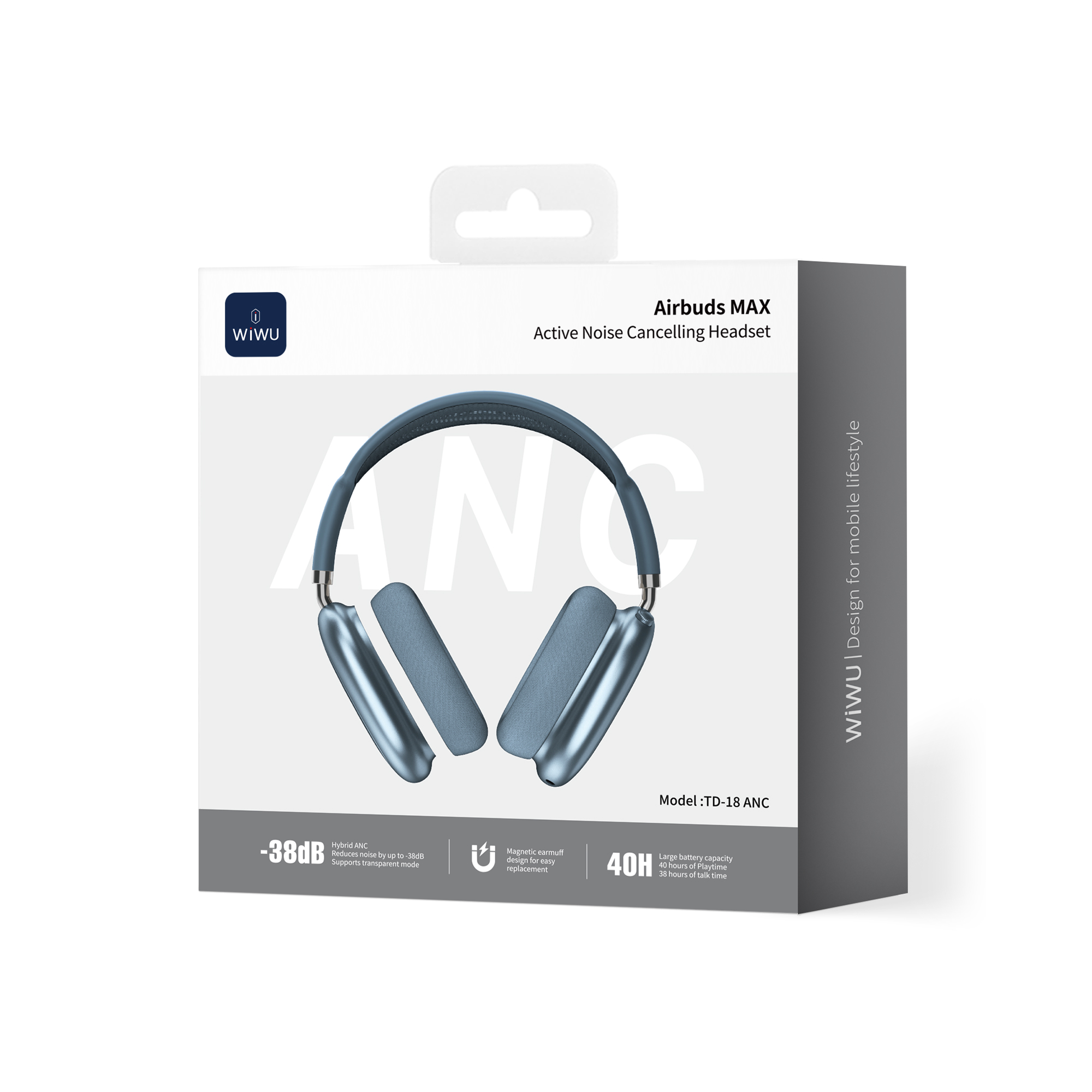 WiWU Airbuds MAX TD-18 ANC bezdrátová náhlavní sluchátka modrá