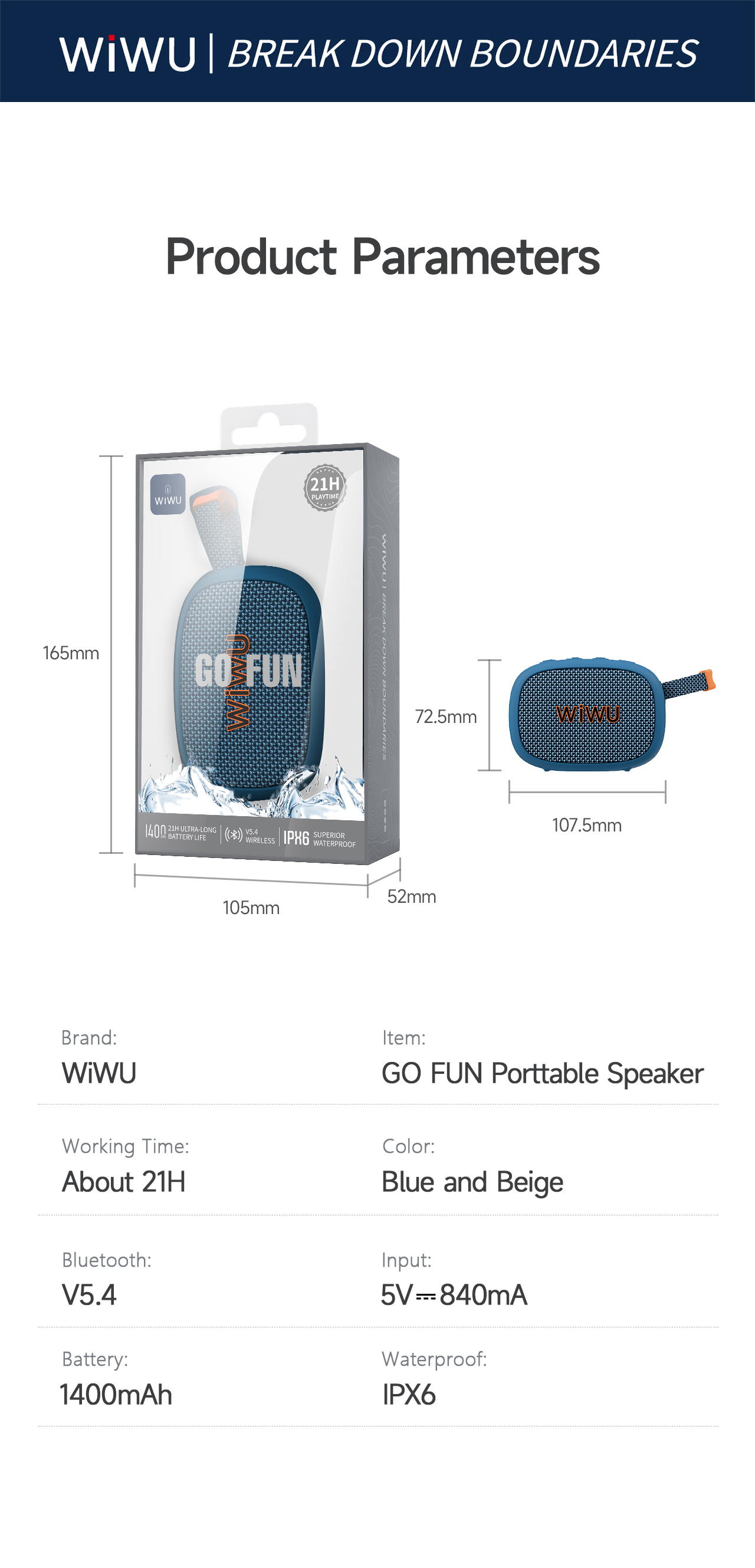 WiWU GO Fun H1 přenosný bluetooth reproduktor IPX6 modrý