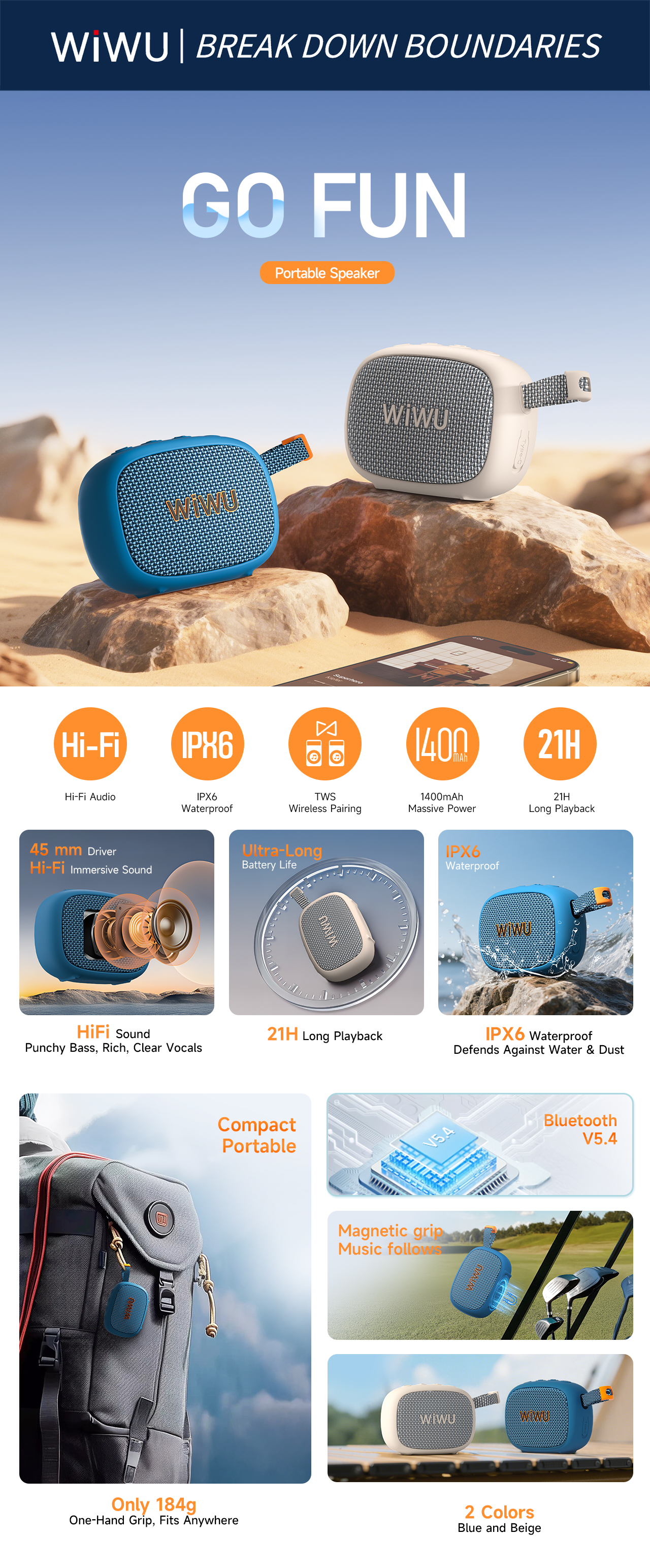WiWU GO Fun H1 přenosný bluetooth reproduktor IPX6 bílý