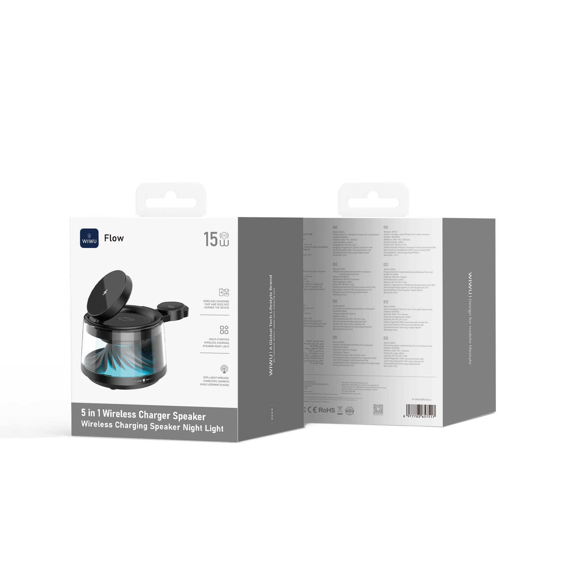 WiWU Flow Wi-W039 bezdrátová nabíjecí stanice 5v1 s LED lampou a Bluetooth reproduktorem černá